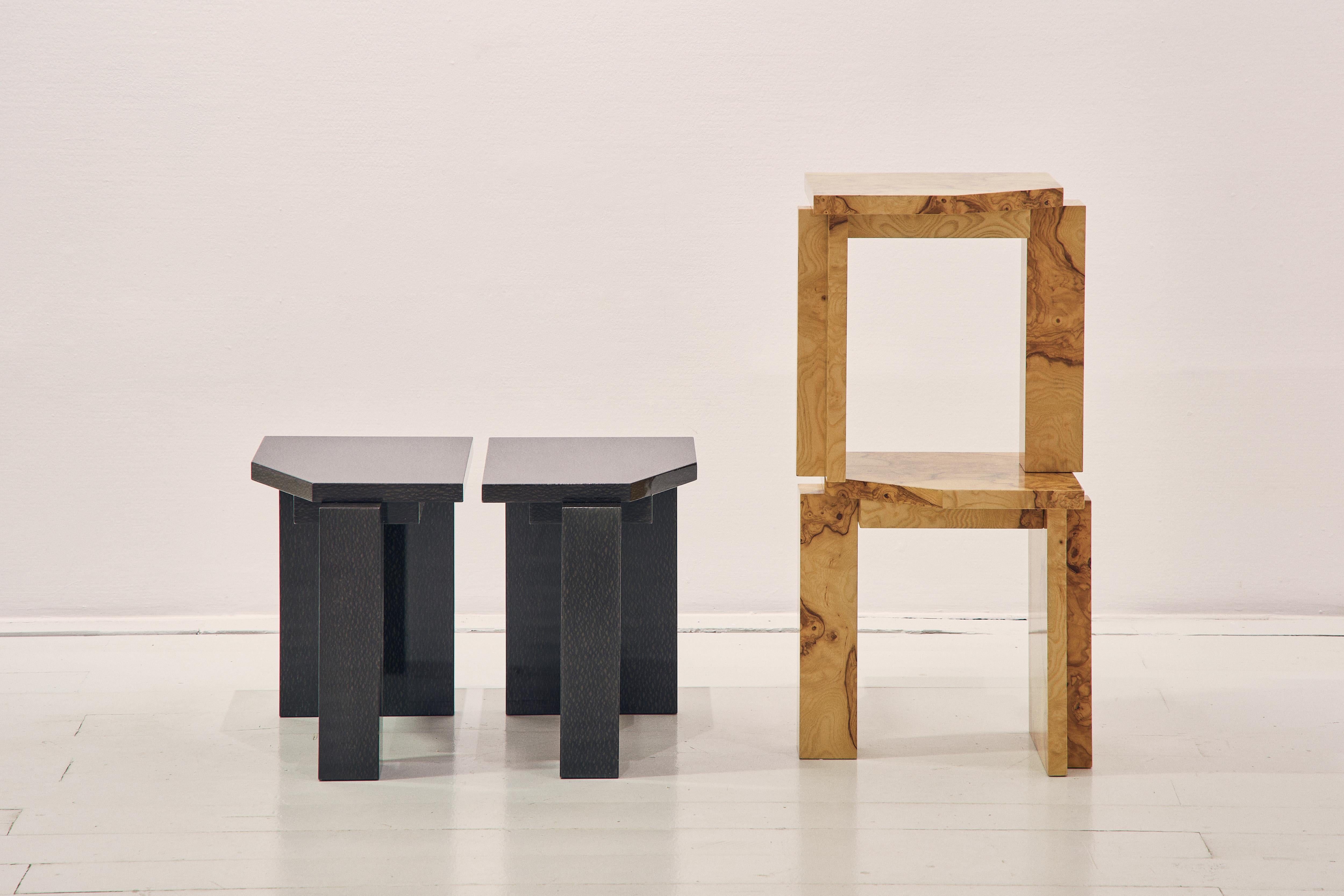 The source of inspiration for the form of the objects is the furniture that construction workers in Russia make for everyday use by means turned out to be at hand on the site.
The stool is made of MDF and after totally covered with a lacewood
