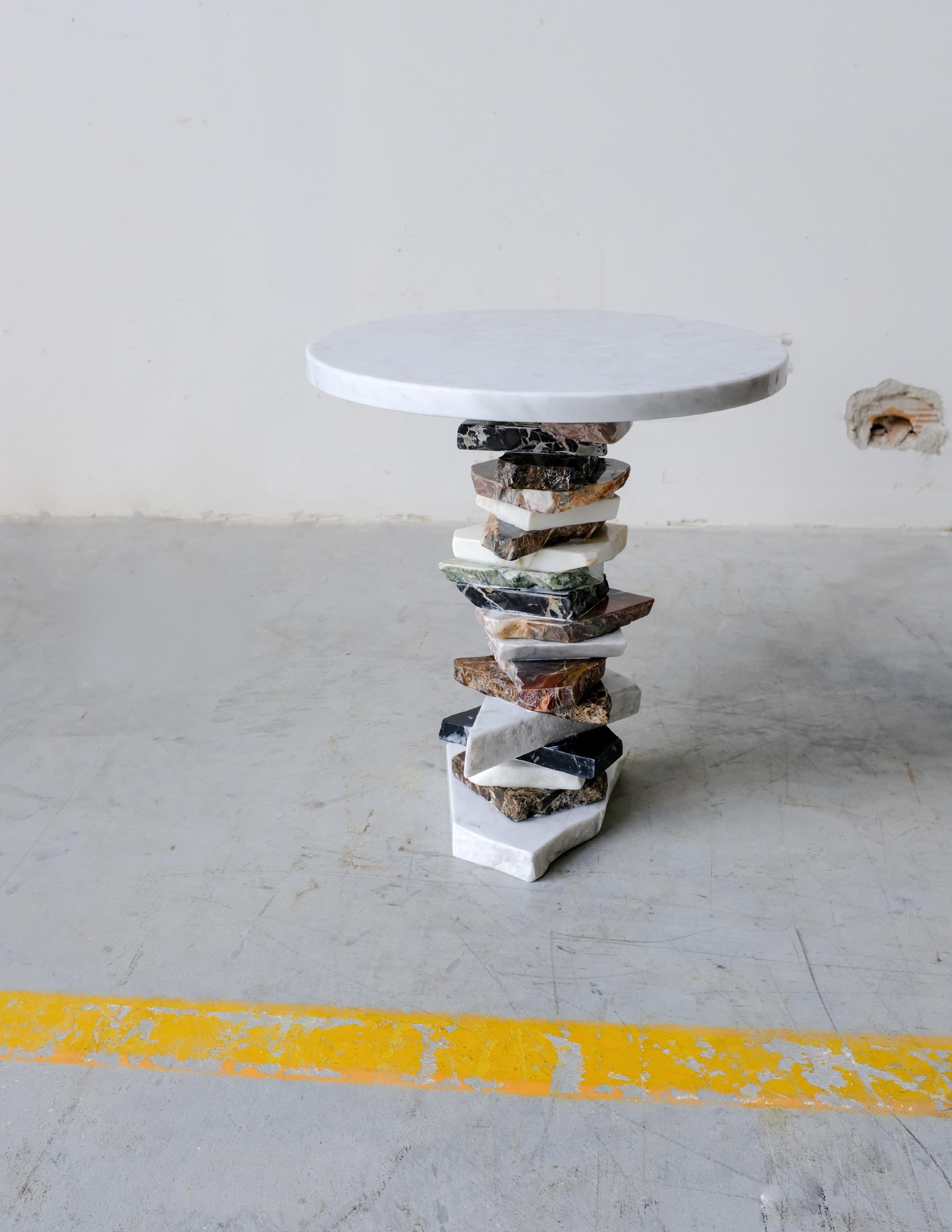 SST006 small table by Stone Stackers
Dimensions: D35.6 x H41 cm
Materials: Marbles:
Marble Top: Carrara Gioia
Marble Structure: Portoro Emperador Dark Rosso Cardinale Calacatta Oro Cipollino Verde Carrara
Weight: 16 kg

This small table