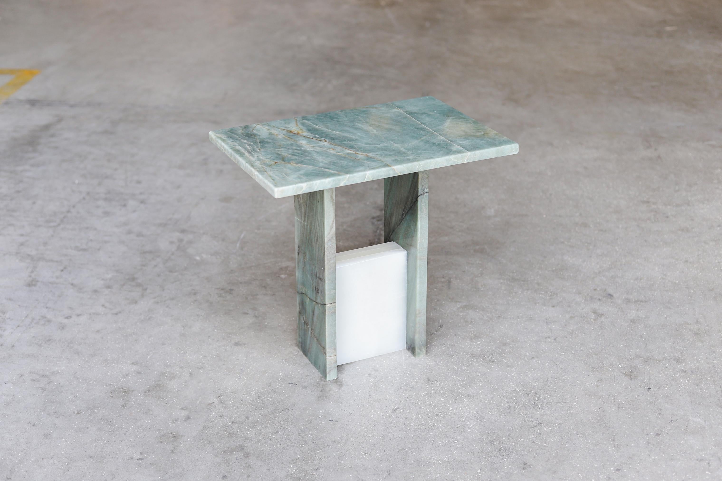 SST016-3 side table by Stone Stackers
Limited Edition of 5 products.
Dimensions: W 47 x D 35 x H 45 cm.
Materials: Marble structure: Emerald Quartzite, Marble base: Onyx white.
Weight: 26 kg.

This side table is part of a set of two pieces. It