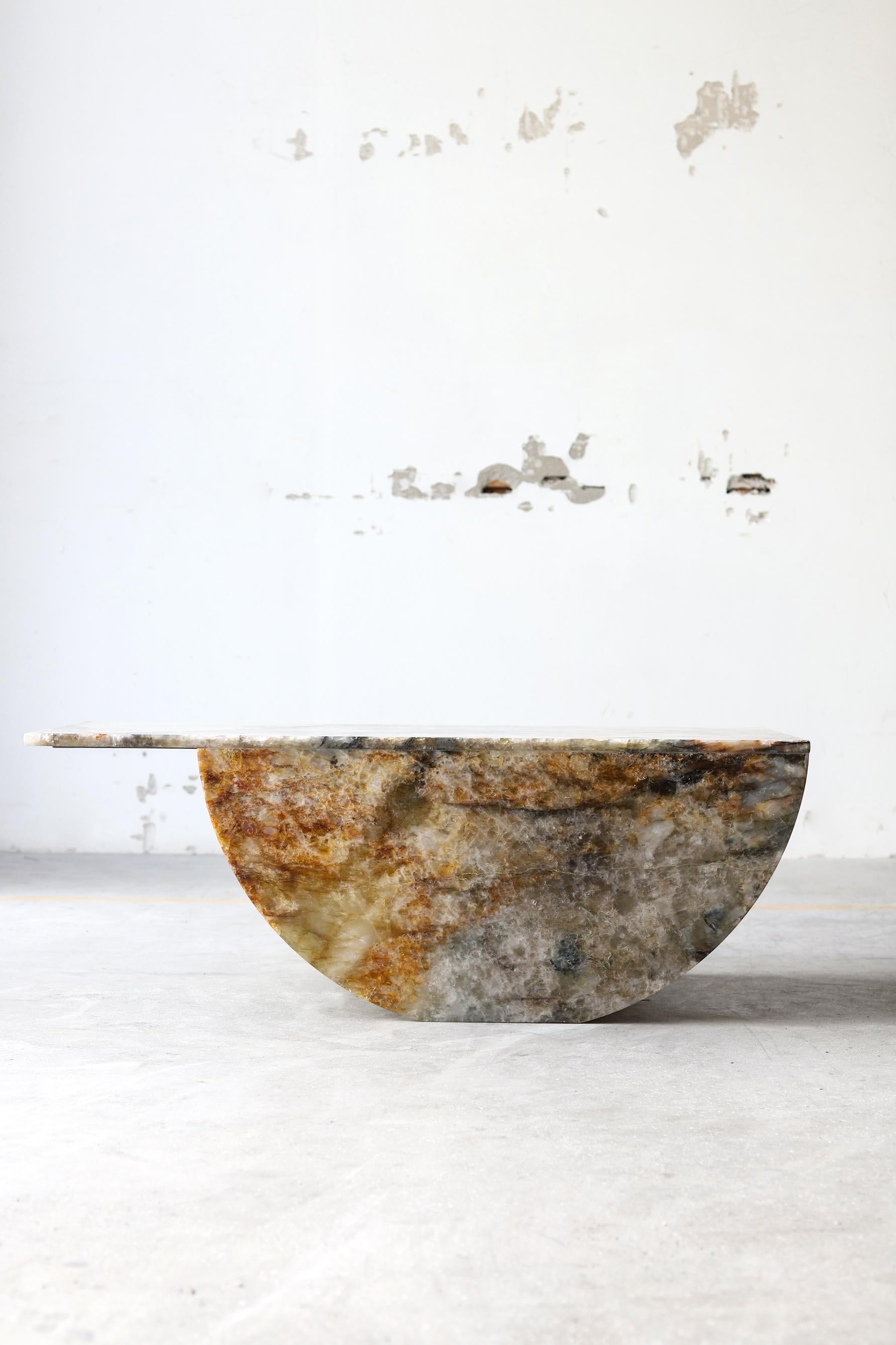 SST017 coffee table by Stone Stackers
Dimensions: W 119 x D 57,5 x H 43 cm.
Materials: Patagonia marble.
Weight: 85 kg.

This coffee table is entirely made of Patagonia marble slabs, which are admirably shaped directly by previous productions.