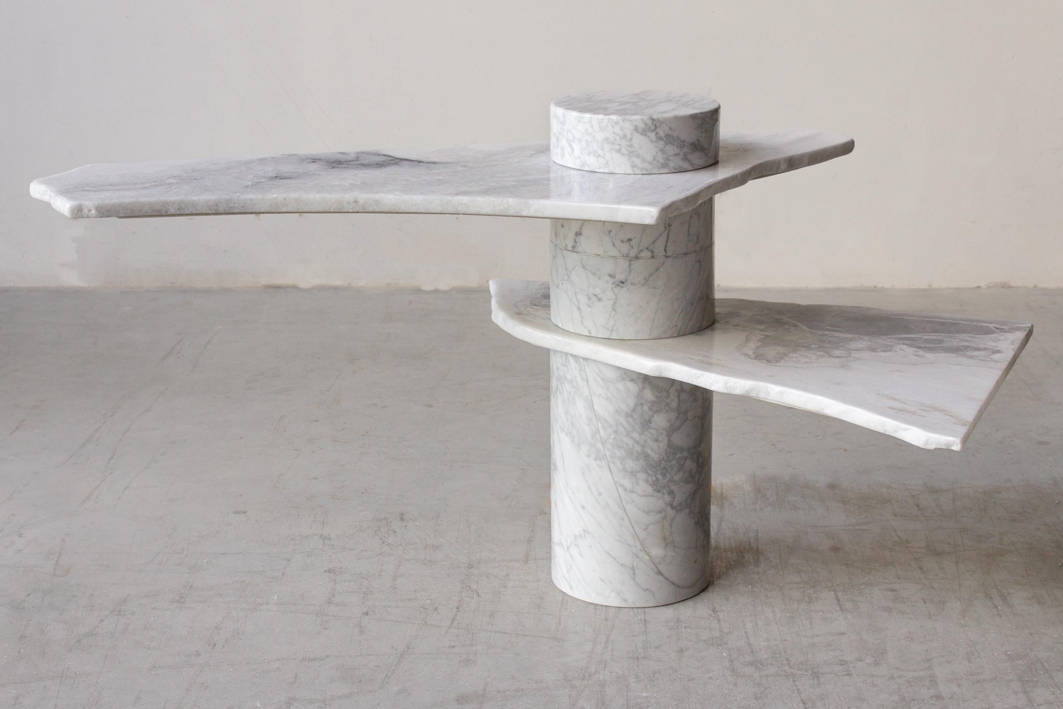 SST025 side table by Stone Stackers
Dimensions: D 70 x W 120 x H 61 cm
Materials: Calacatta Vagli marble, Dover White marble, Namibia Sky marble.
Marble Shelves: Dover White & Namibia Sky
Marble Structure: Calacatta Vagli
Weight: 73 kg

This side