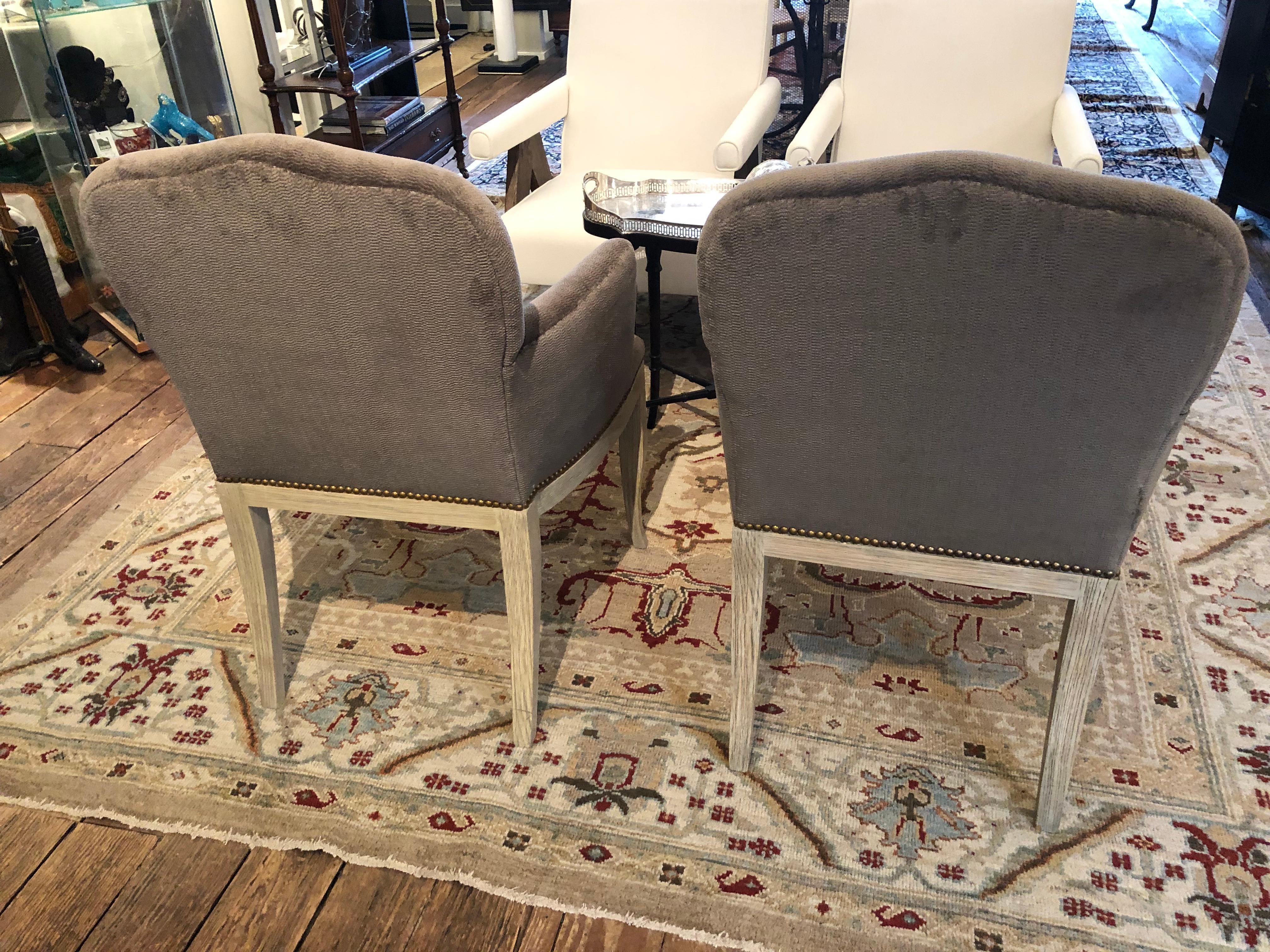 Late 20th Century Sstunning Pair of Grey Chenille and Cerused Wood Armchairs For Sale