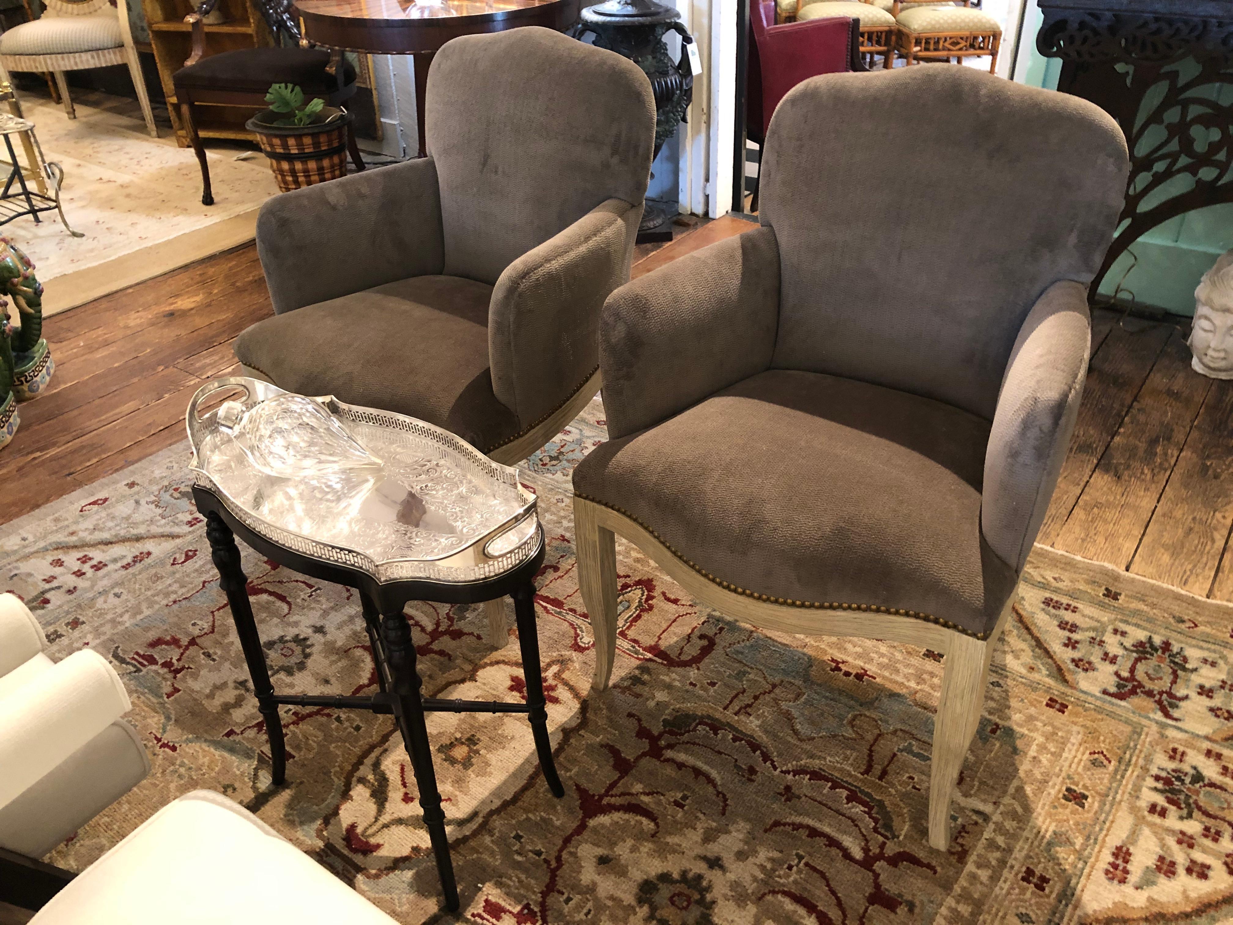 Upholstery Sstunning Pair of Grey Chenille and Cerused Wood Armchairs For Sale