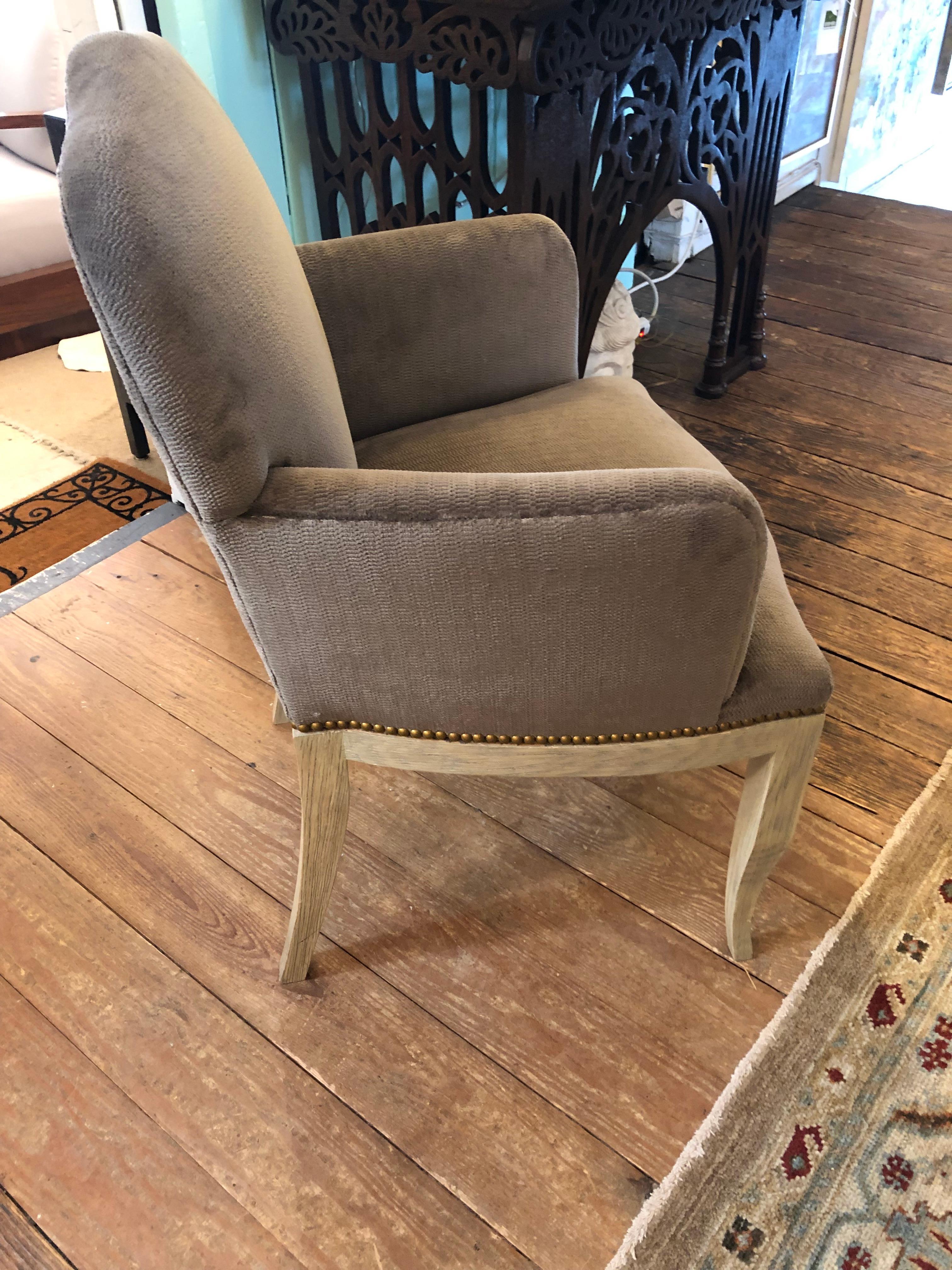 Sstunning Pair of Grey Chenille and Cerused Wood Armchairs For Sale 3