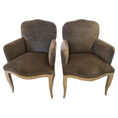 Sstunning Pair of Grey Chenille and Cerused Wood Armchairs
