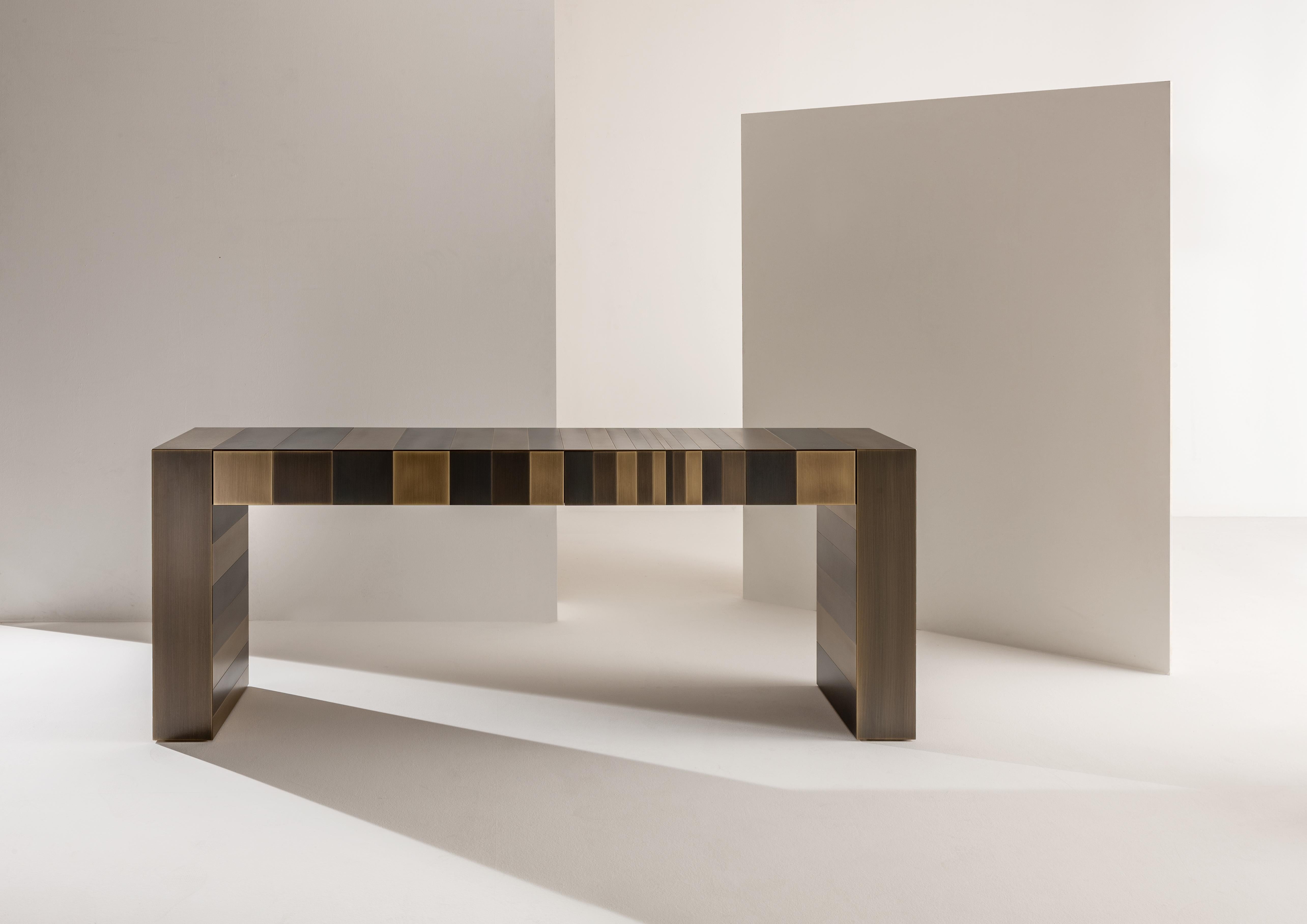 ST 50 Desk Table by Laurameroni
Dimensions: W 190 x D 80 x H 78 cm
Materials: Burnished brass.

Desk completely clad in burnished brass. Equipped with two drawers.

Laurameroni:
The ability of craftsmen from the Brianza area has fascinated them from