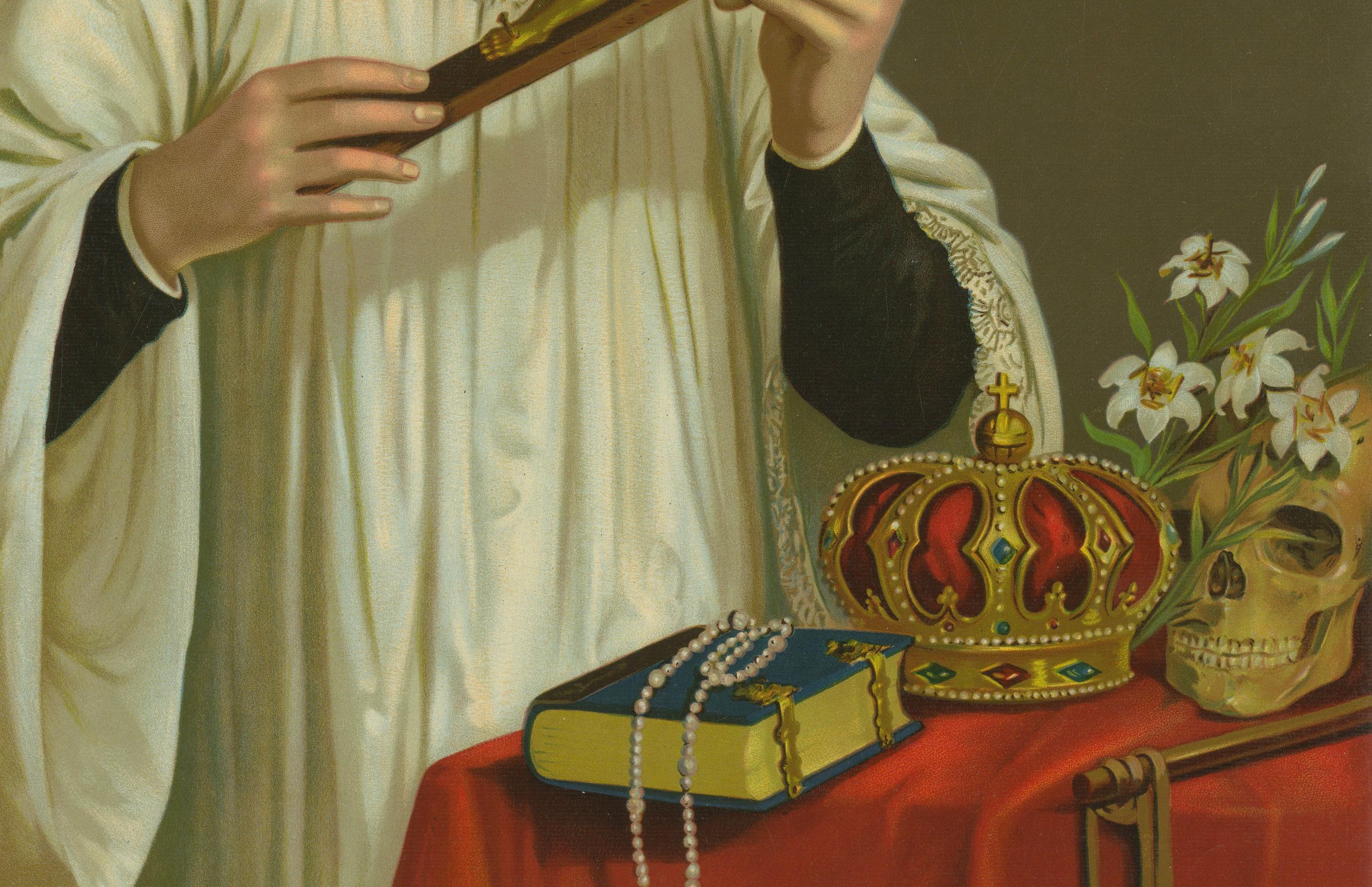 Allemand Saint Aloysius Gonzaga, chromolithographie avec couronne, crâne et crucifix, 1899 en vente