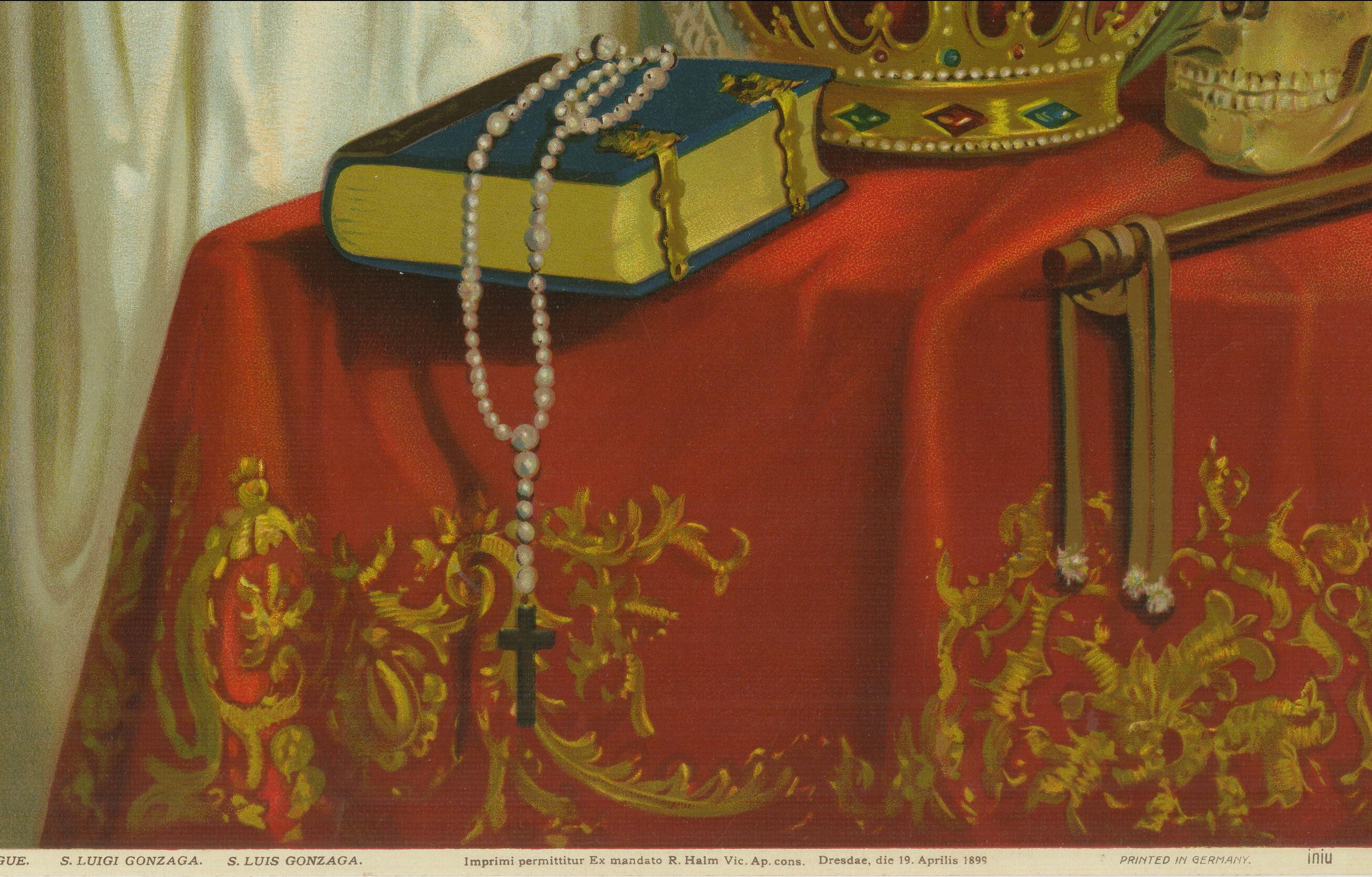 Saint Aloysius Gonzaga, chromolithographie avec couronne, crâne et crucifix, 1899 Bon état - En vente à Langweer, NL