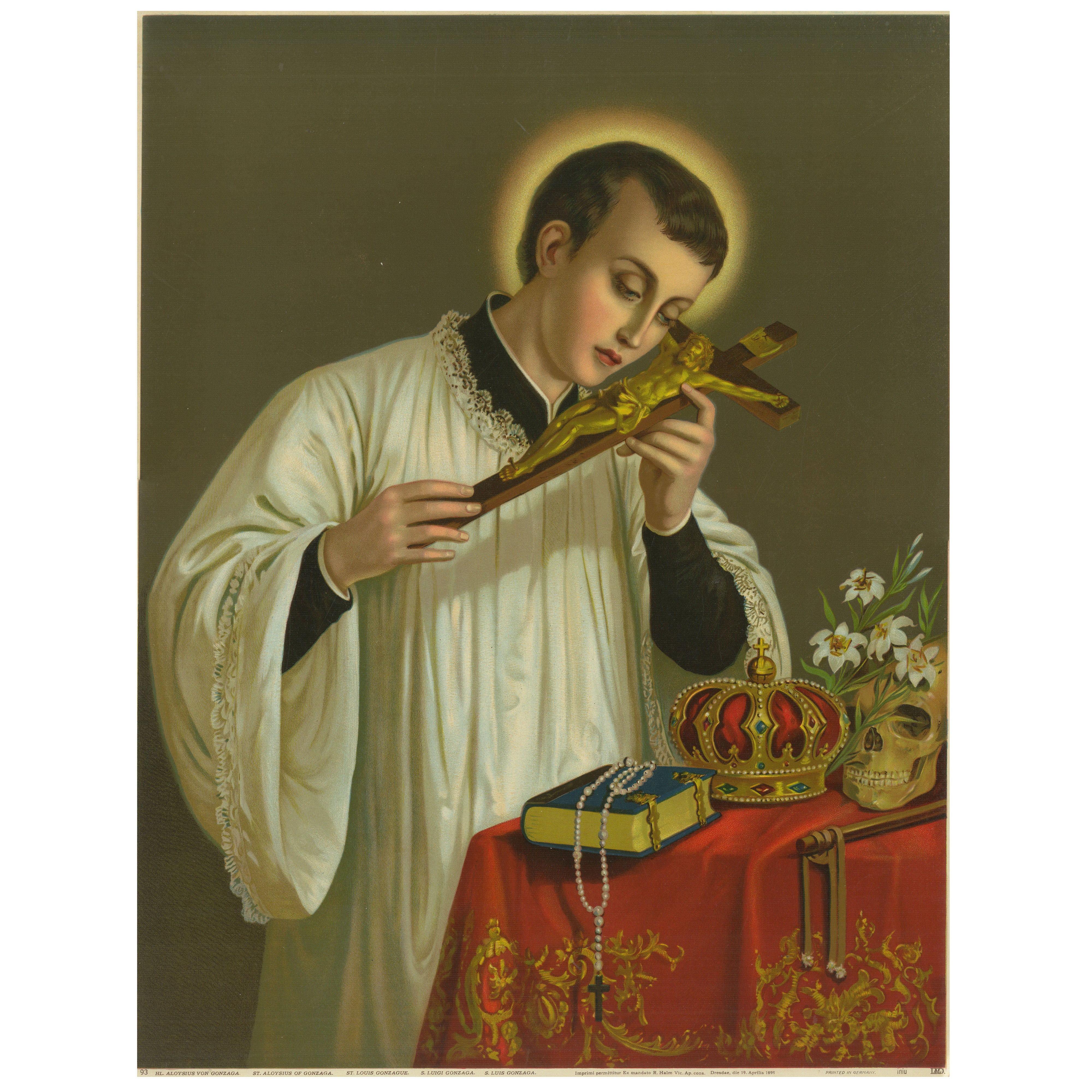 St. Aloysius Gonzaga, Chromolithograph with Crown, Skull and Crucifix, 1899