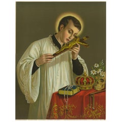 Antique St. Aloysius Gonzaga, Chromolithograph with Crown, Skull and Crucifix, 1899