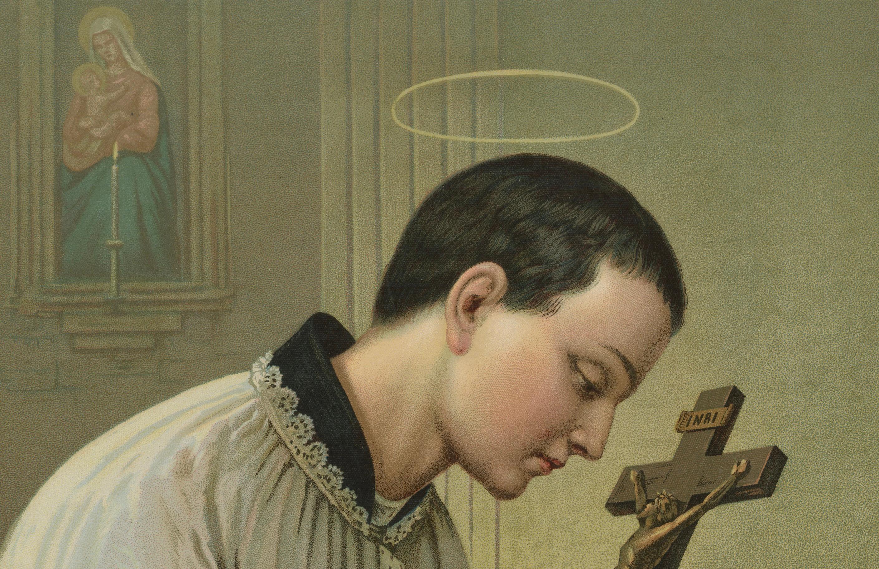 Aloysius Gonzaga, c.1900 Chromolithographie dévotionnelle allemande (imprimée en Allemagne)

Cette chromolithographie allemande du début du XXe siècle présente un portrait serein et contemplatif de saint Aloysius Gonzaga, l'un des saints les plus