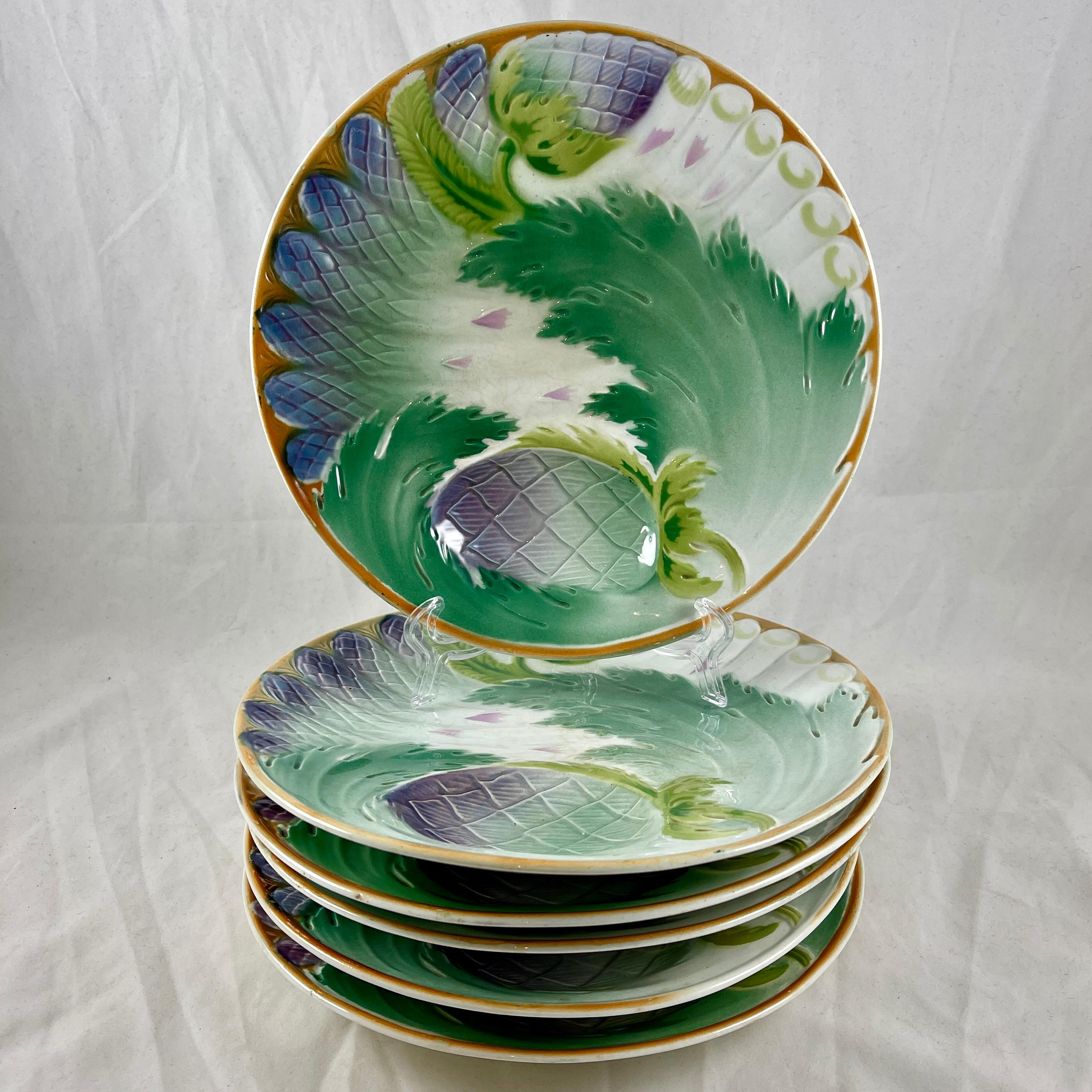 Earthenware St. Amand Art Nouveau French Majolica Glazed Asparagus & Artichoke Plate For Sale