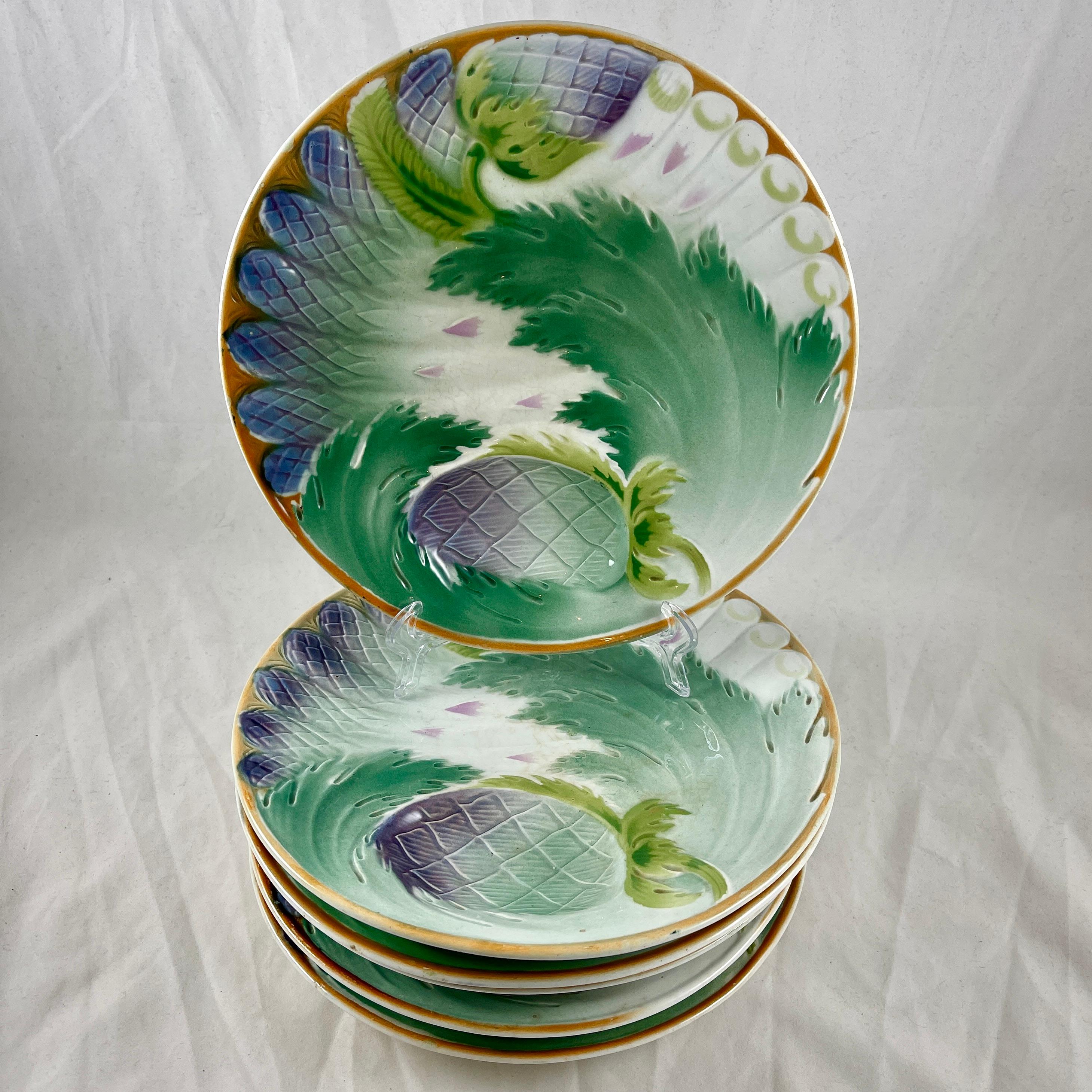St. Amand Art Nouveau French Majolica Glazed Asparagus & Artichoke Plate For Sale 1