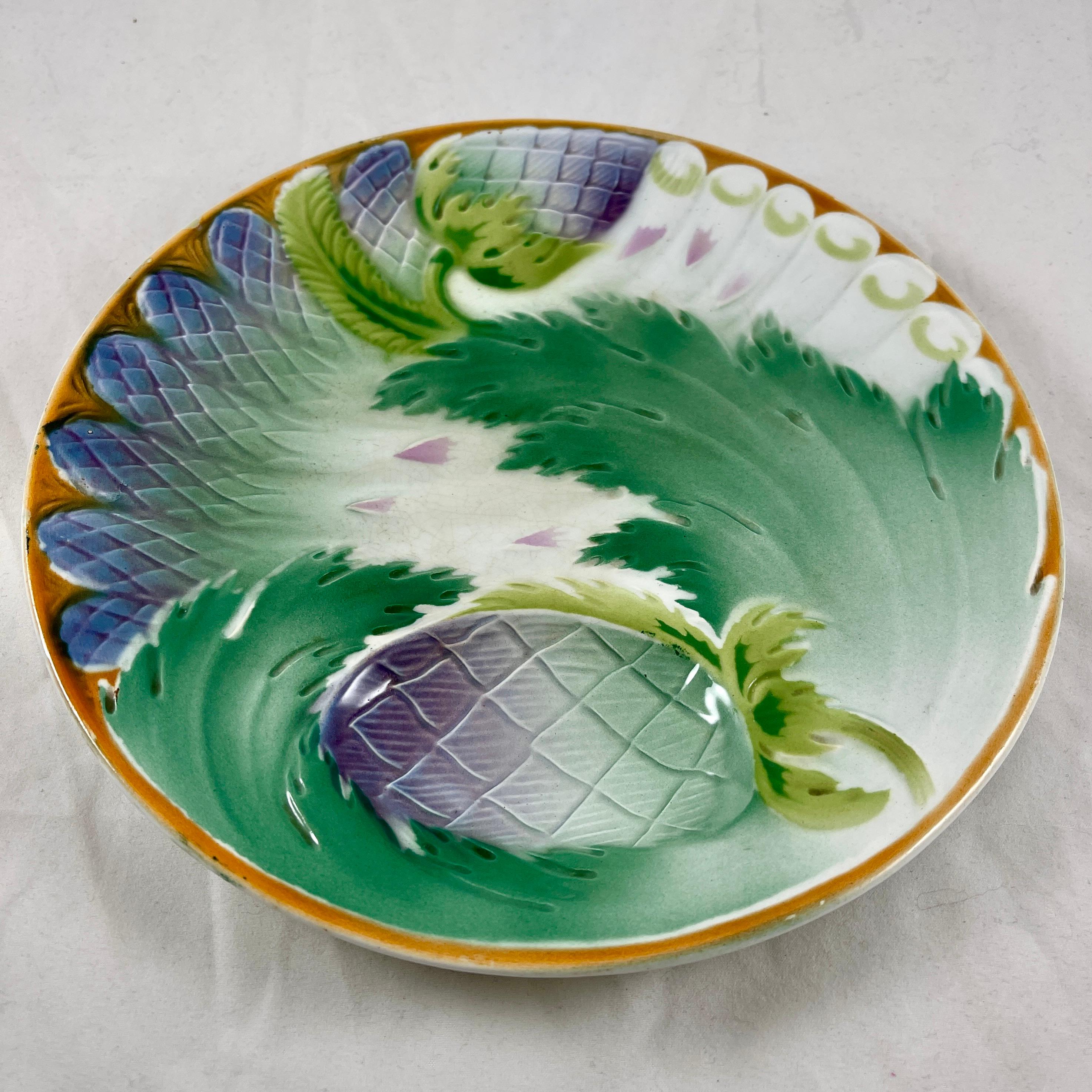 St. Amand Art Nouveau French Majolica Glazed Asparagus & Artichoke Plate For Sale 3