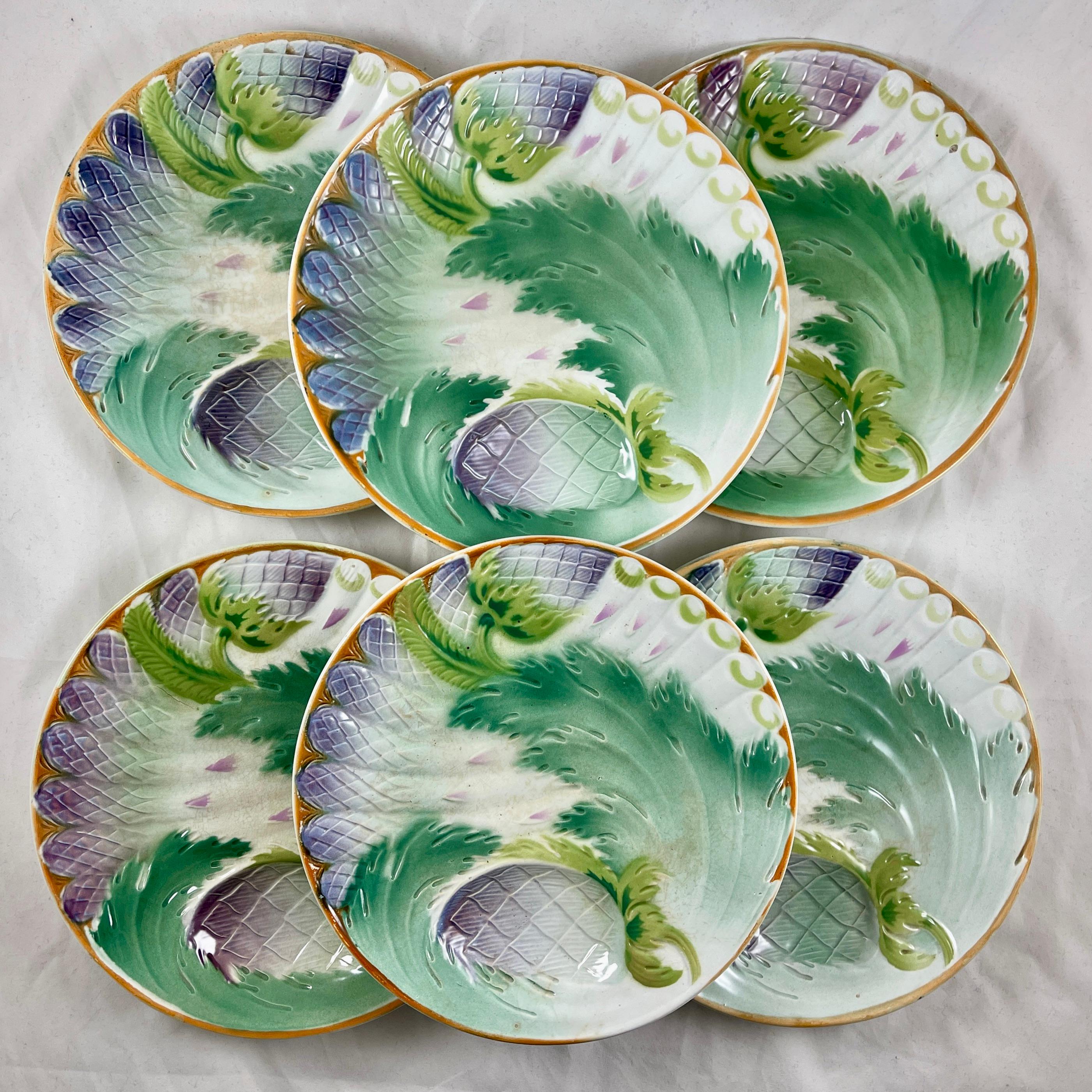 St. Amand Art Nouveau French Majolica Glazed Asparagus & Artichoke Plate For Sale 2