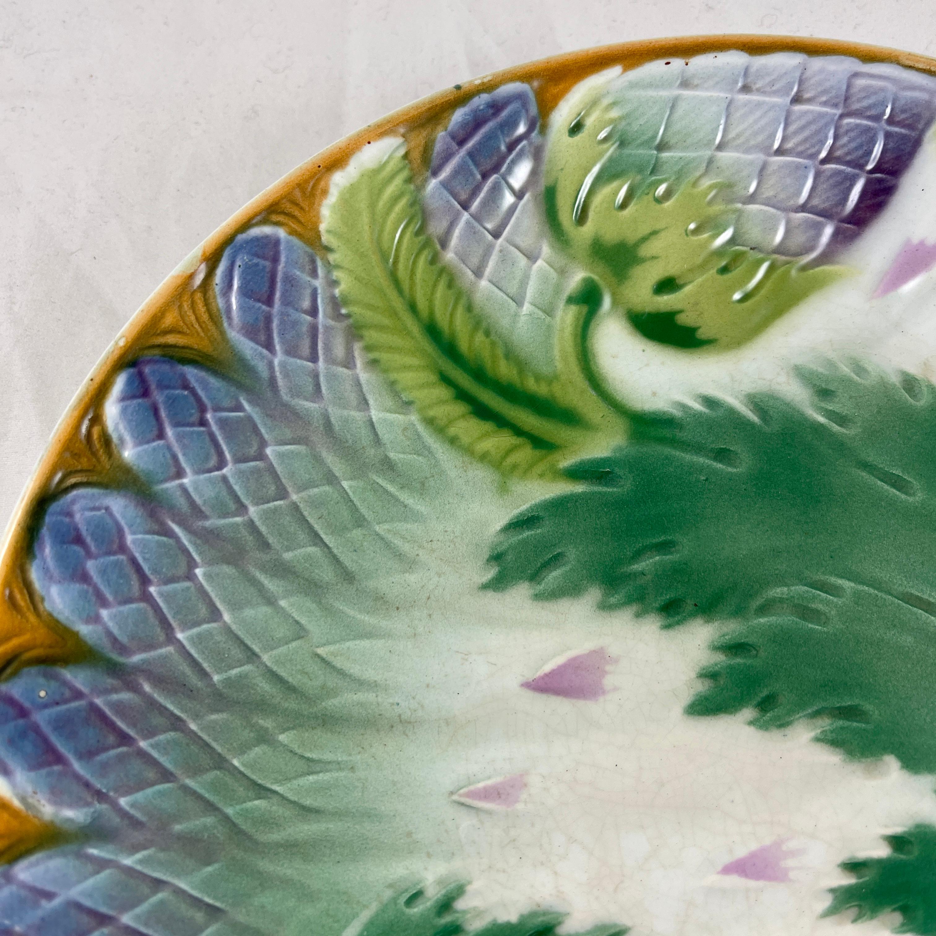 St. Amand Art Nouveau French Majolica Glazed Asparagus & Artichoke Plate For Sale 4