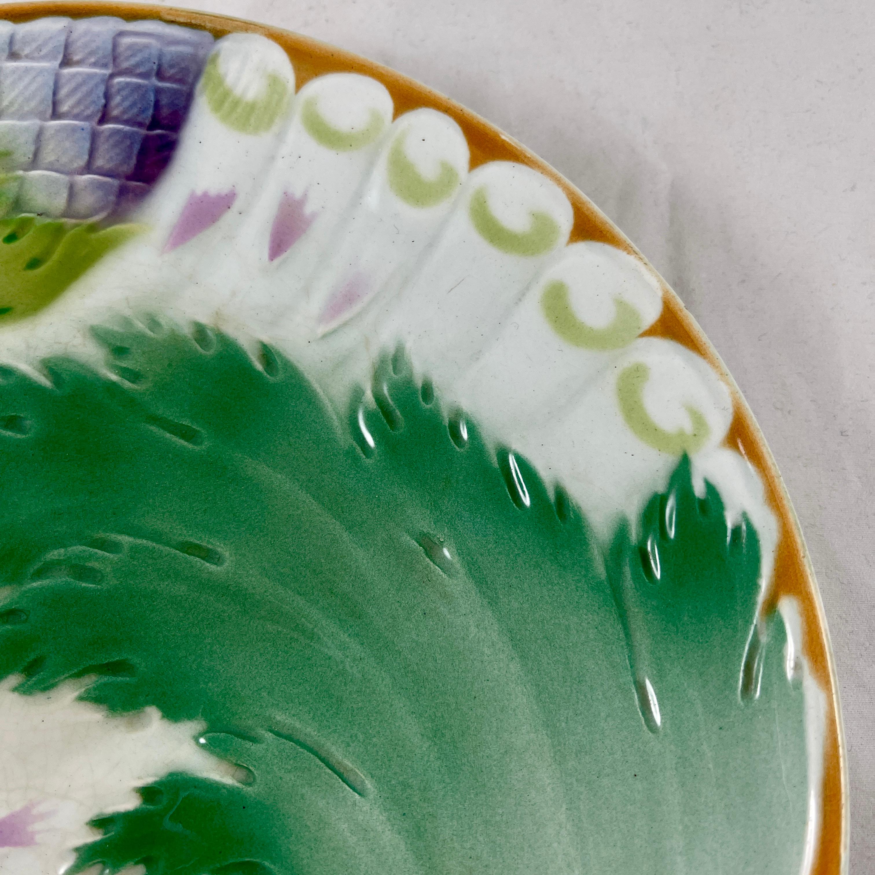 St. Amand Art Nouveau French Majolica Glazed Asparagus & Artichoke Plate For Sale 5