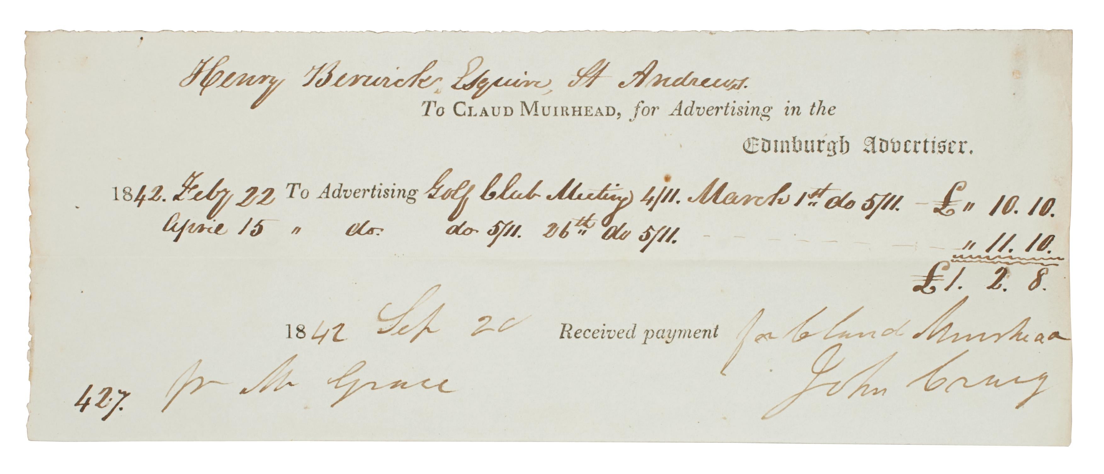 Scottish St Andrews, Royal and Ancient Golf Club Paper Receipt