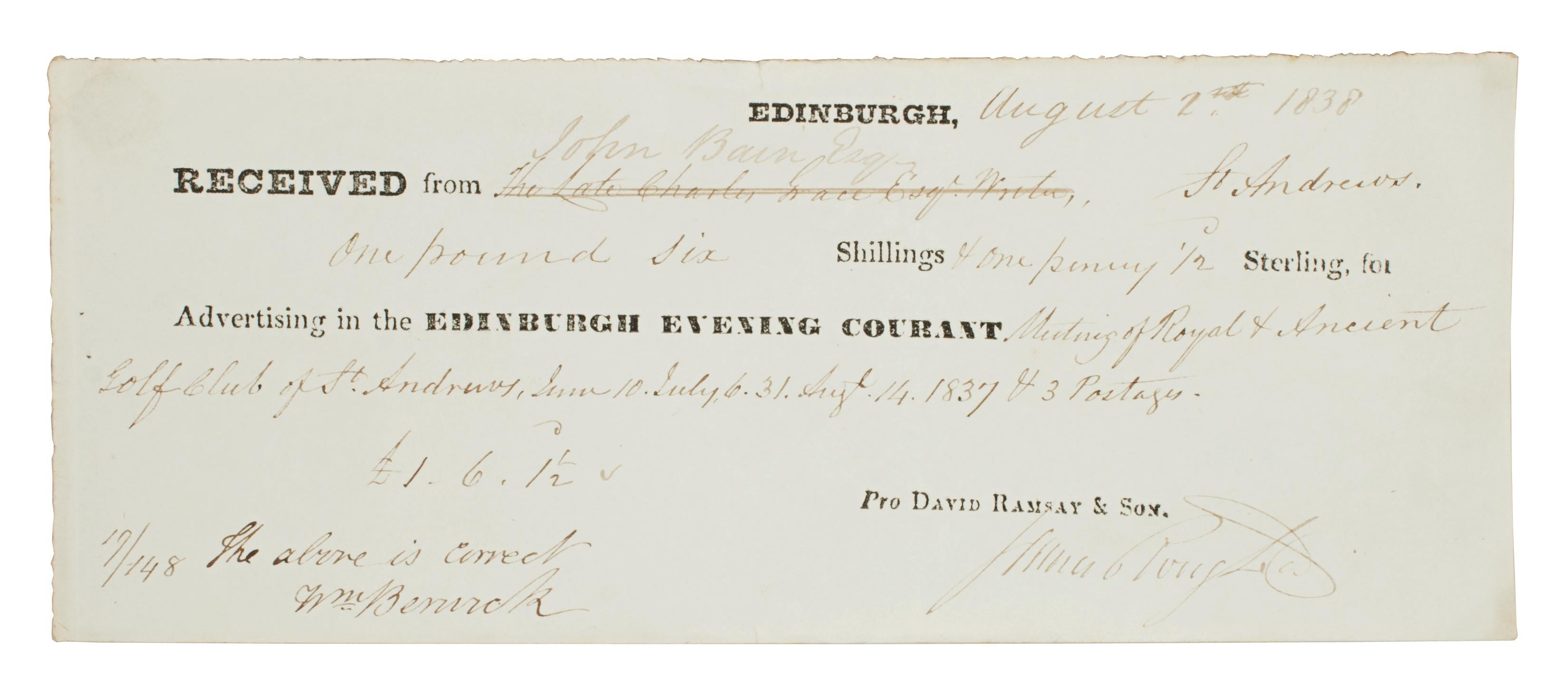 St Andrews, Royal and Ancient Golf Club Paper Receipt In Good Condition In Oxfordshire, GB