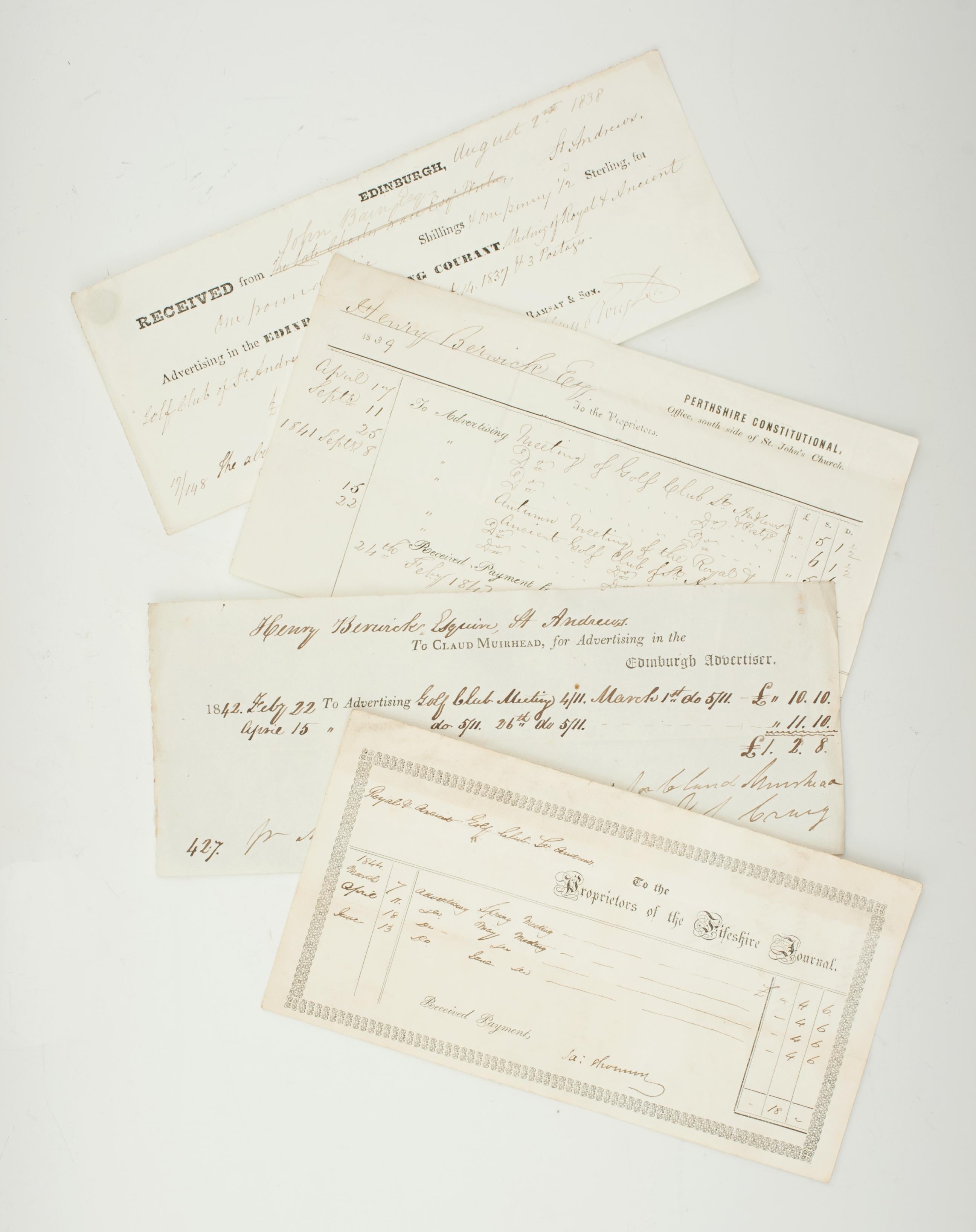 Mid-19th Century St Andrews, Royal and Ancient Golf Club Paper Receipt