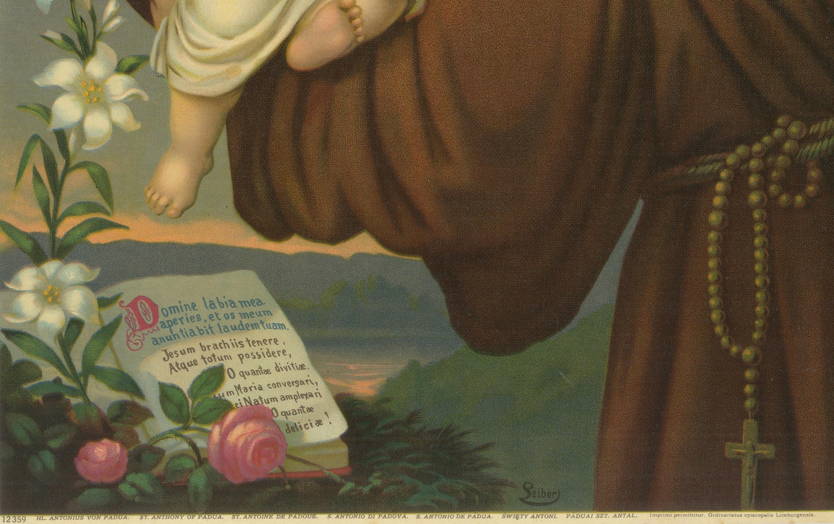 Allemand St. Anthony of Padua, c.1905 German Devotional Chromolithograph with Christ en vente