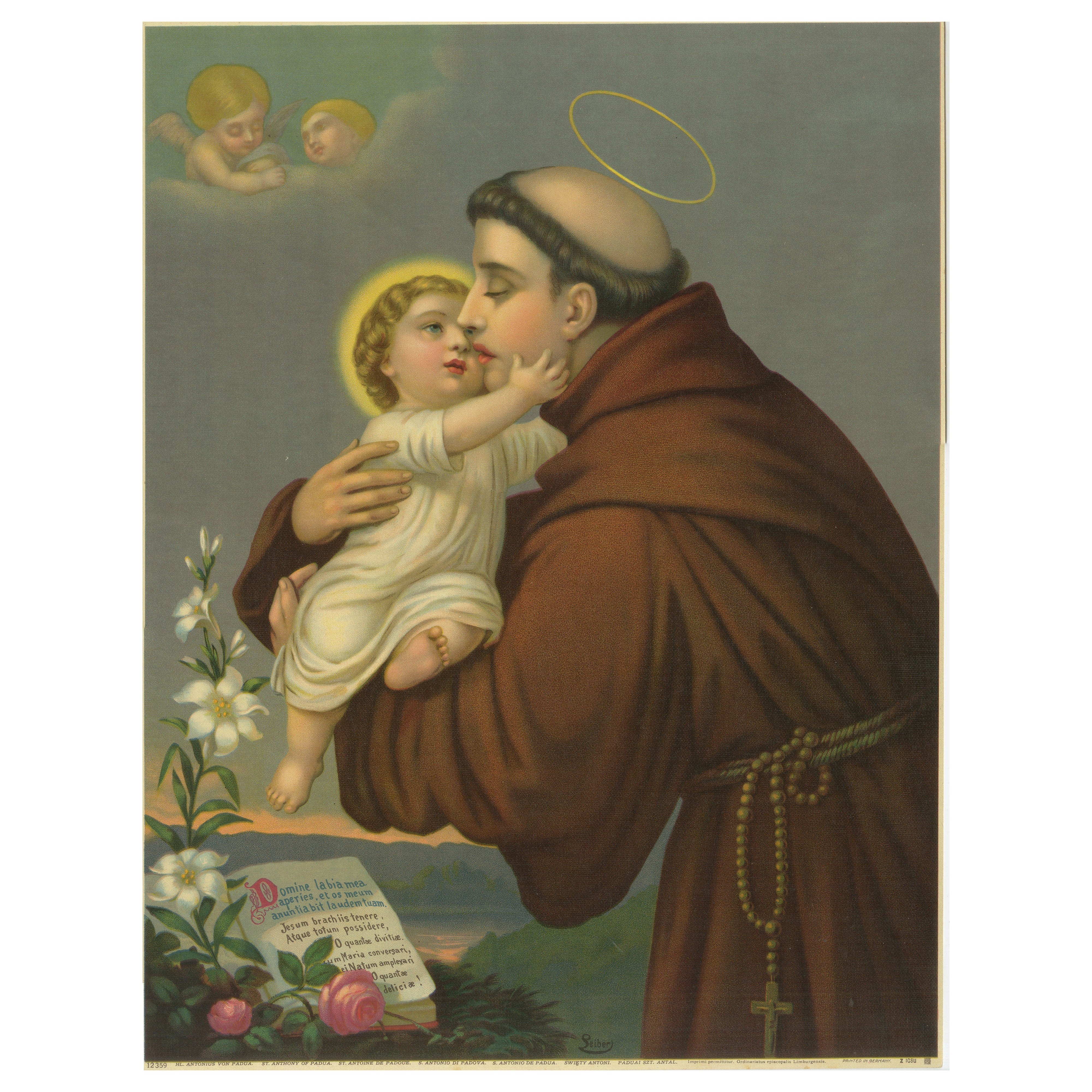 St. Anthony of Padua, c.1905 German Devotional Chromolithograph with Christ