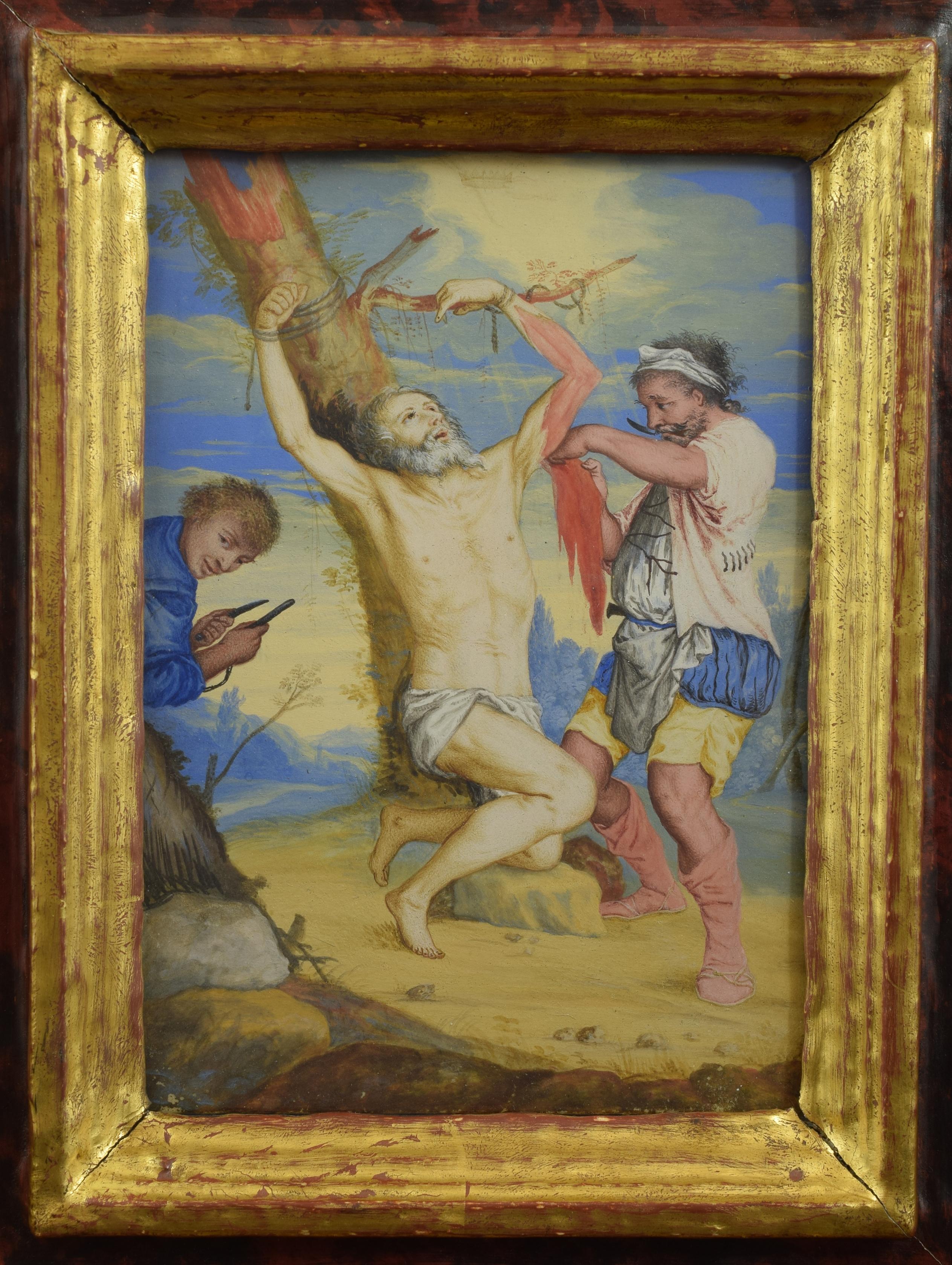 St. Bartholomew's Martyrdom. Painting on vellum. After models from Ribera y Cucó, José (Játiva, Spain, 1591-Naples, Italy, 1652). 
The composition is organized around the diagonal that draws the trunk of the tree to which the old man is tied. The