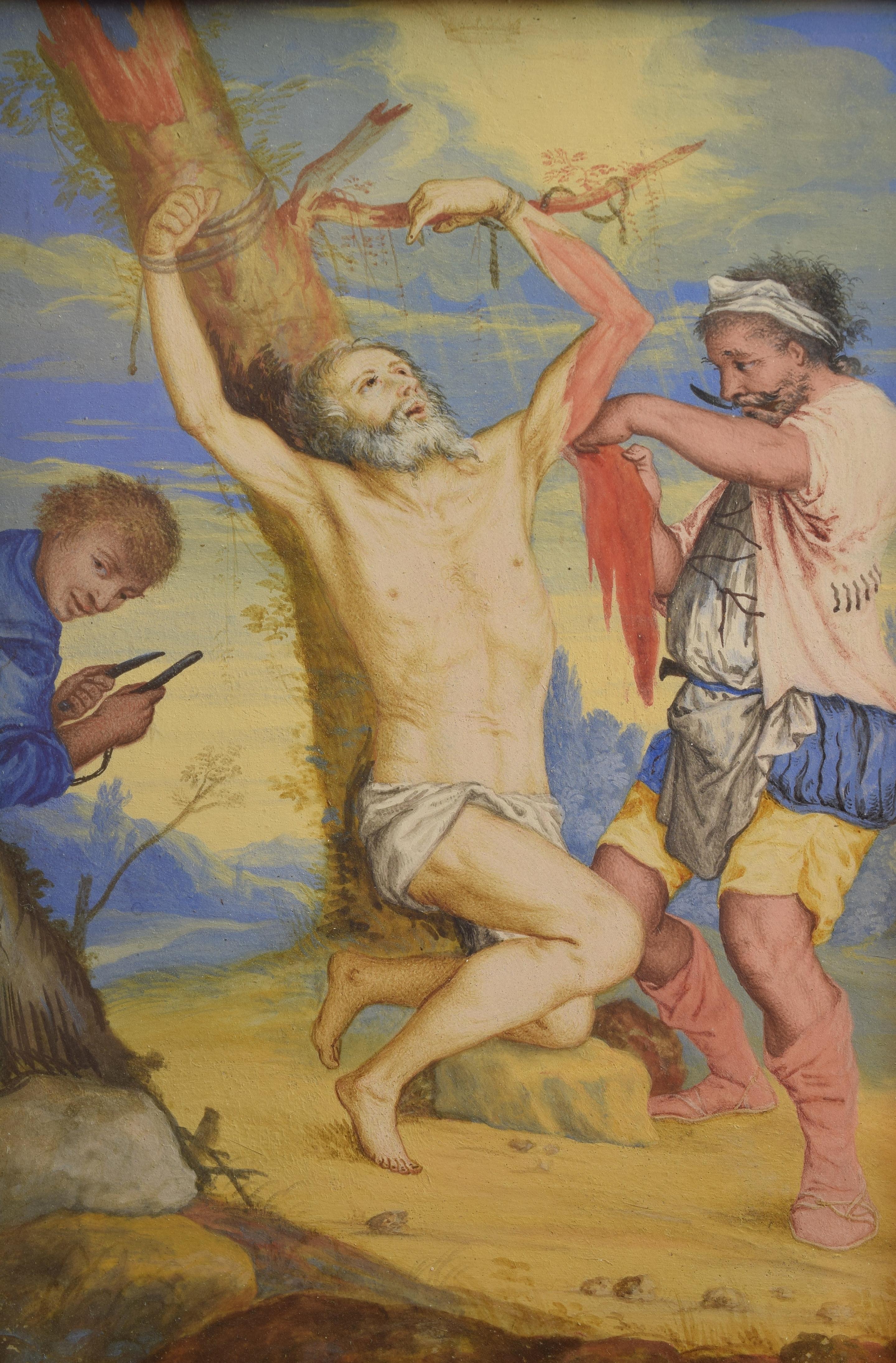 Das Martyrium des Heiligen Bartholomäus, Gemälde auf Vellum, nach Ribera y Cucó, José (Barock) im Angebot