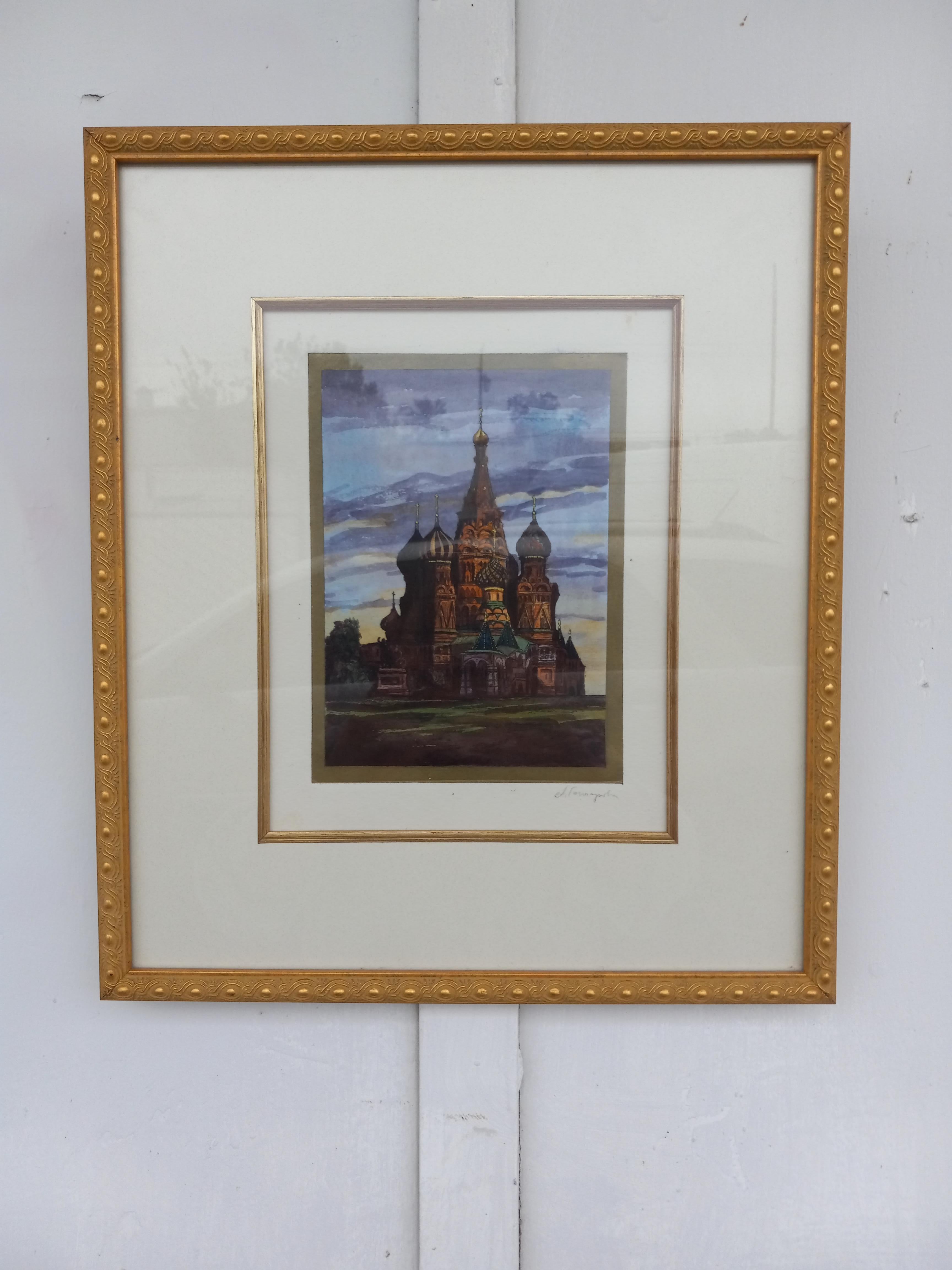 Hand-Painted St. Basils Cathedral / Moscow watercolor For Sale