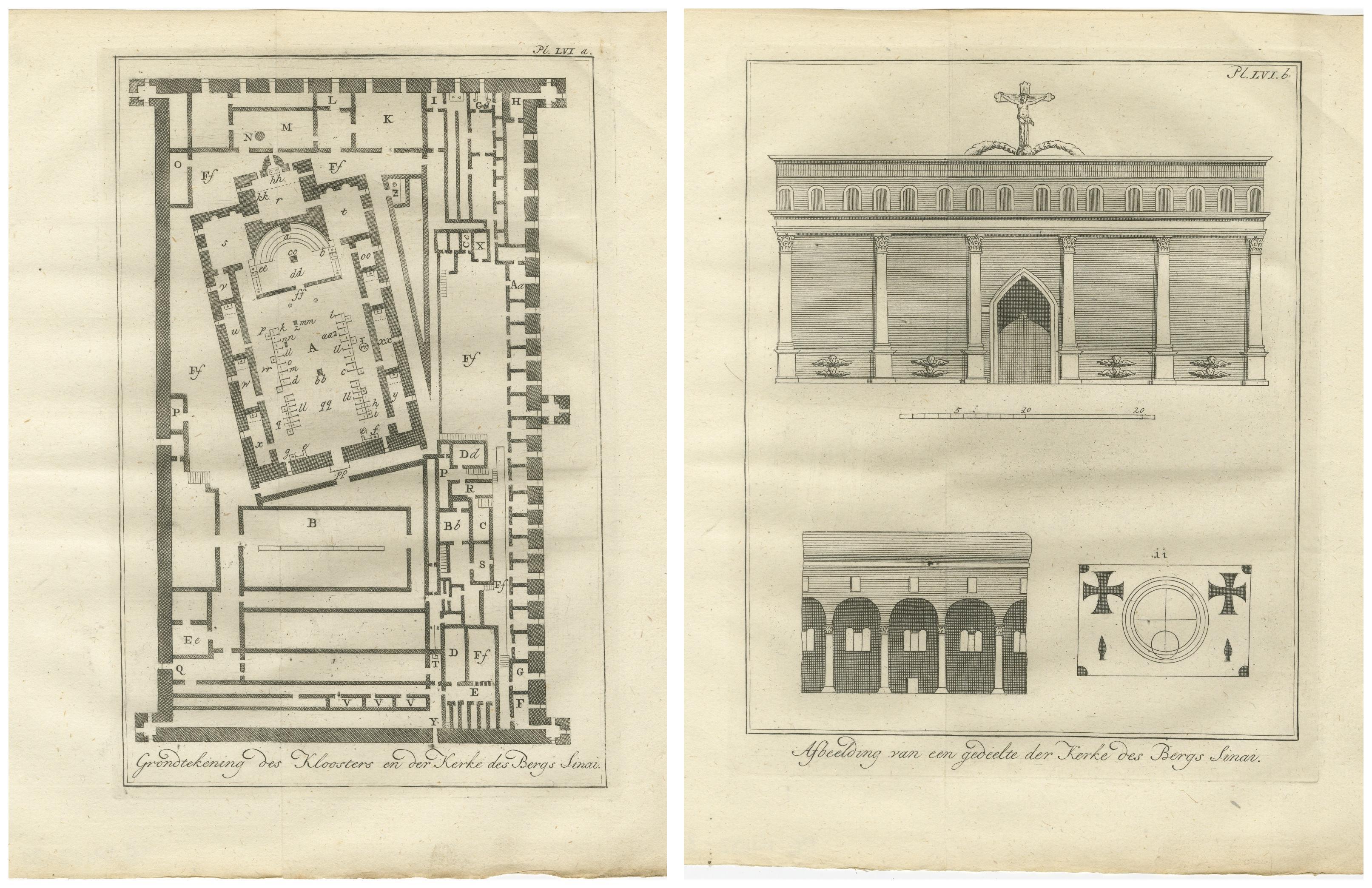 Monasterio de Santa Catalina en el Monte Sinaí - Grabados en planta y alzado c.1776 en Bueno estado para la venta en Langweer, NL