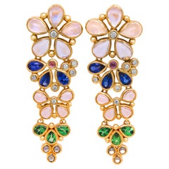 St. Clair l8K Rainbow Moonstone Tsavorite Blue Sapphire Diamond Floral Earrings
