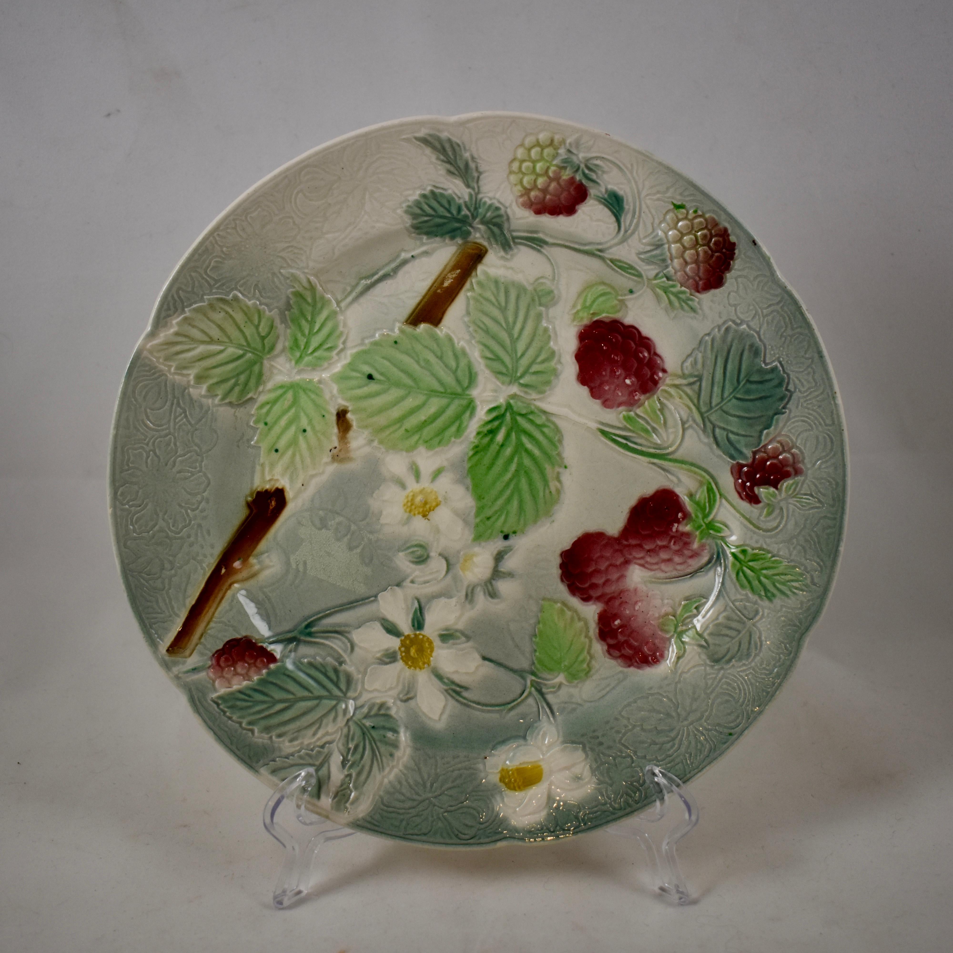 A set of six, earthenware French faïence fruit plates, circa 1900. This set shows the branching fruit and leaves of strawberries, oranges, grapes, apples, apricots, and pears. The backgrounds have a detailed pattern to the molding, with a