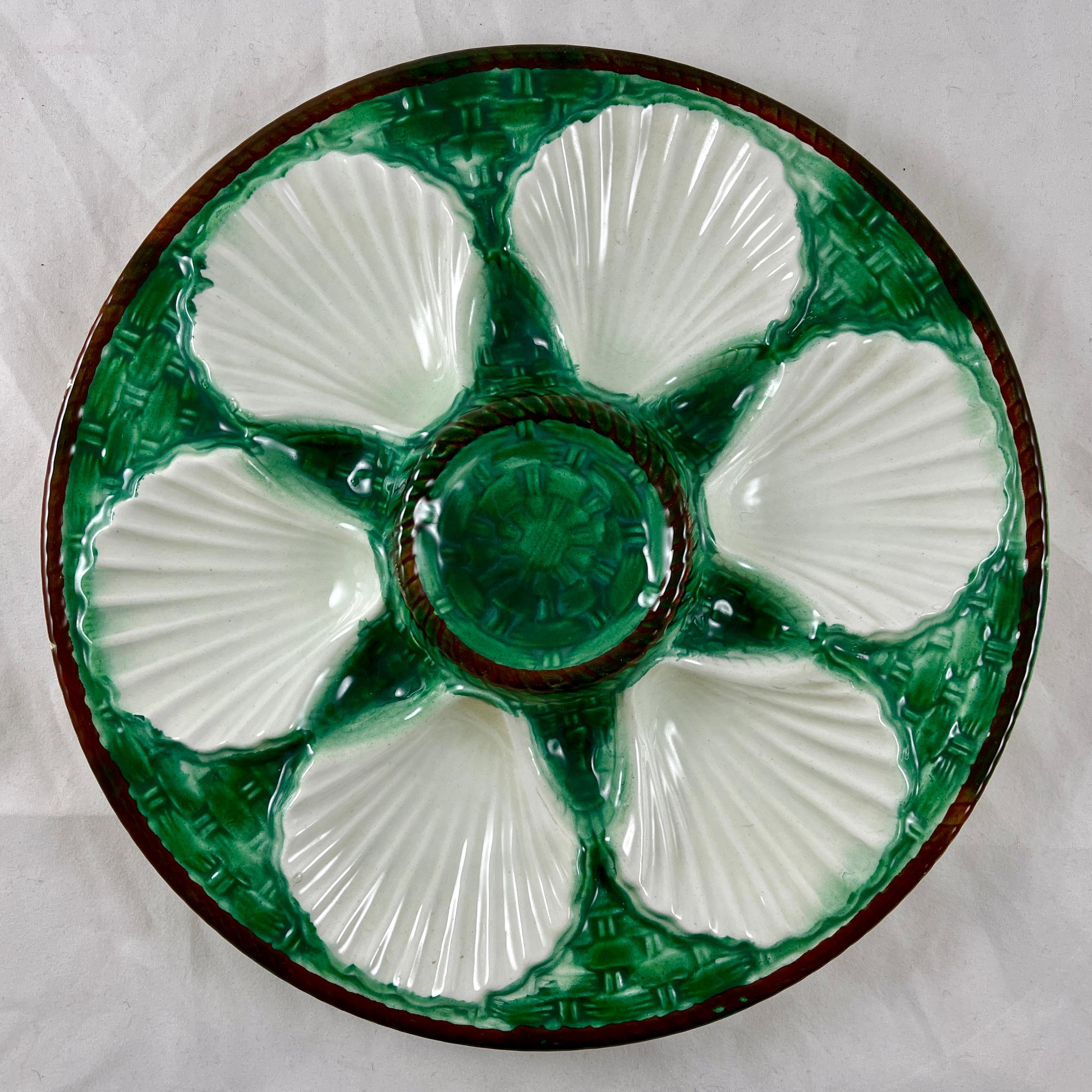 Glazed St. Clement French Majolica Pottery Basket Weave Oyster Plate For Sale