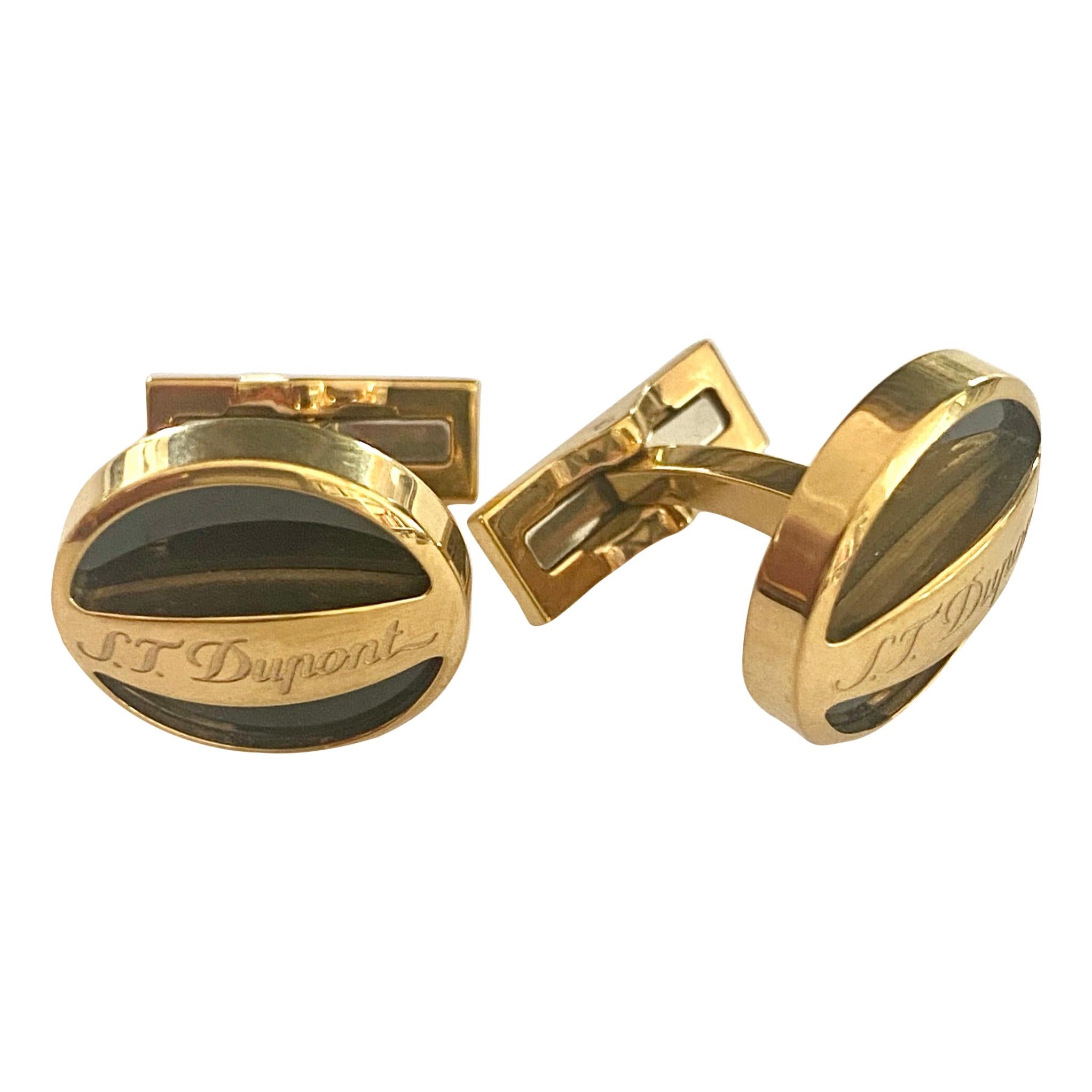 S.T. Dupont Cufflinks, Gold Plated, "Rond Finitions or plaque & Noir" Nr 005791 For Sale