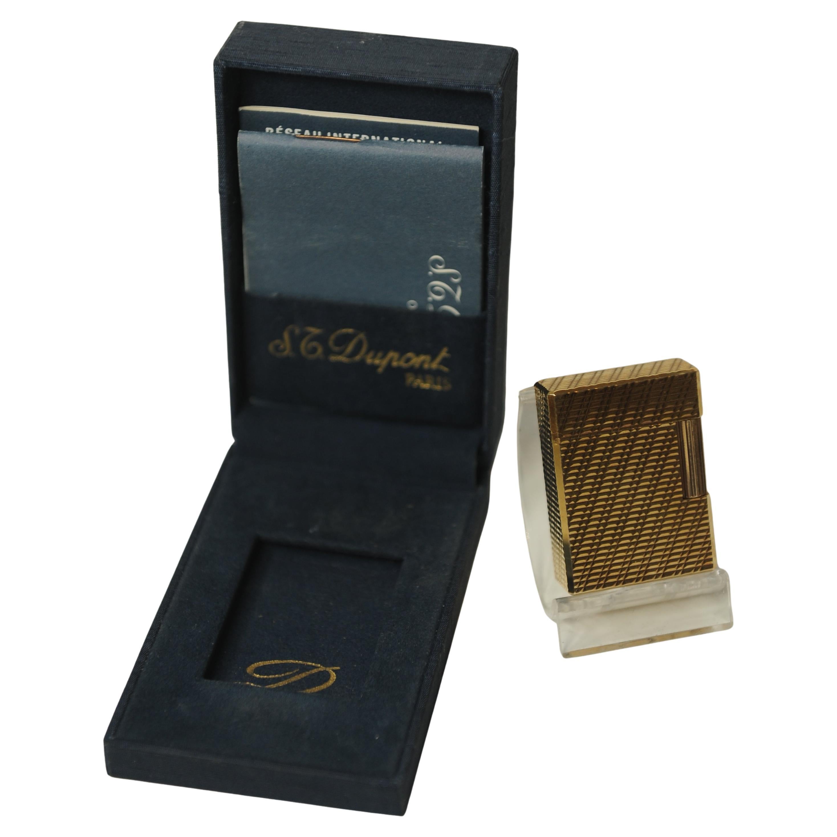 Art Deco S.T. DuPont Gold Plated Ligne 1 Small Paris Cigarette Lighter In Original Box For Sale