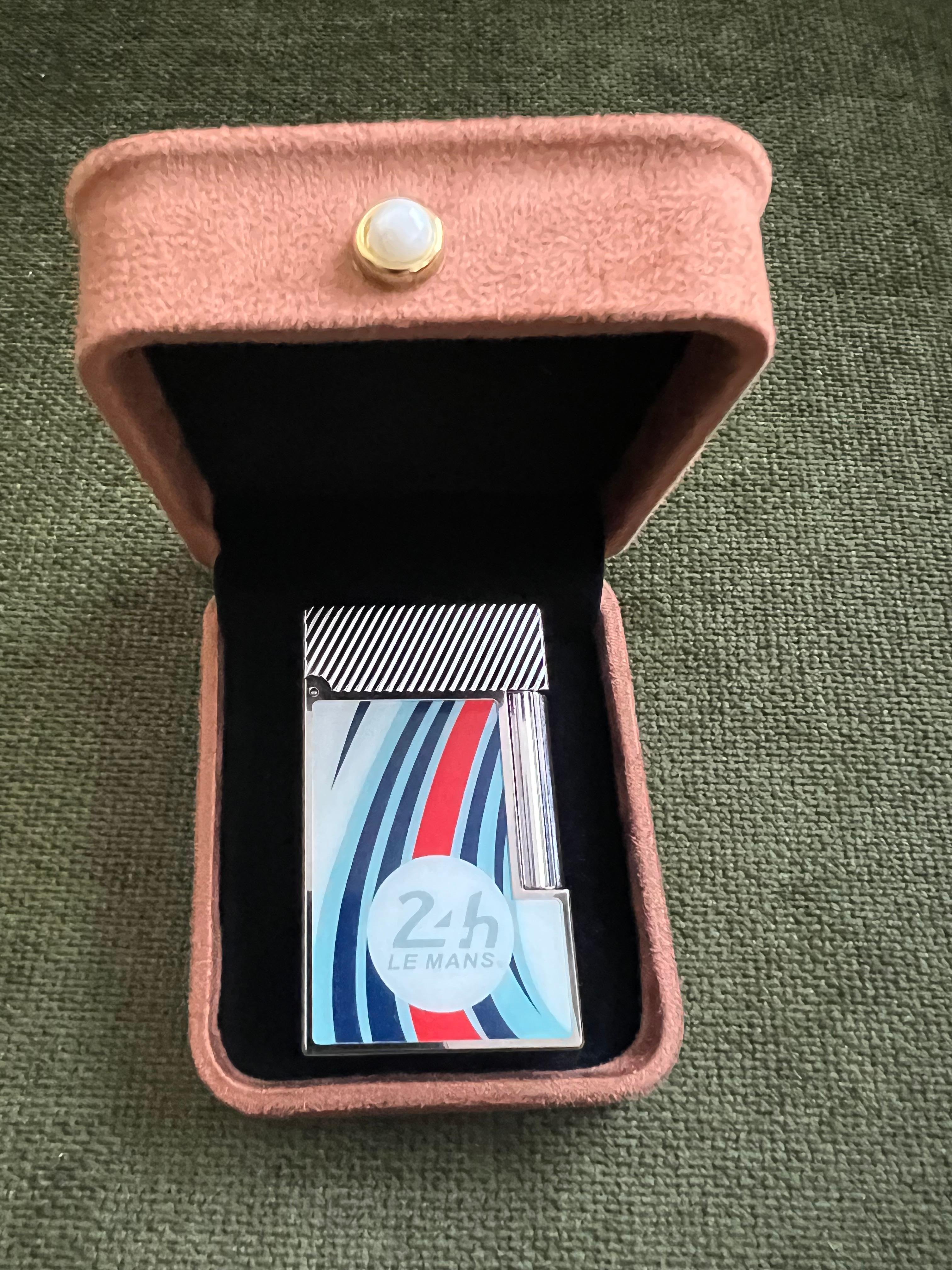 Modern S.T. Dupont Ligne 2 Le Mans Blue and Chrome Flint Lighter, Chocolate Suede Case