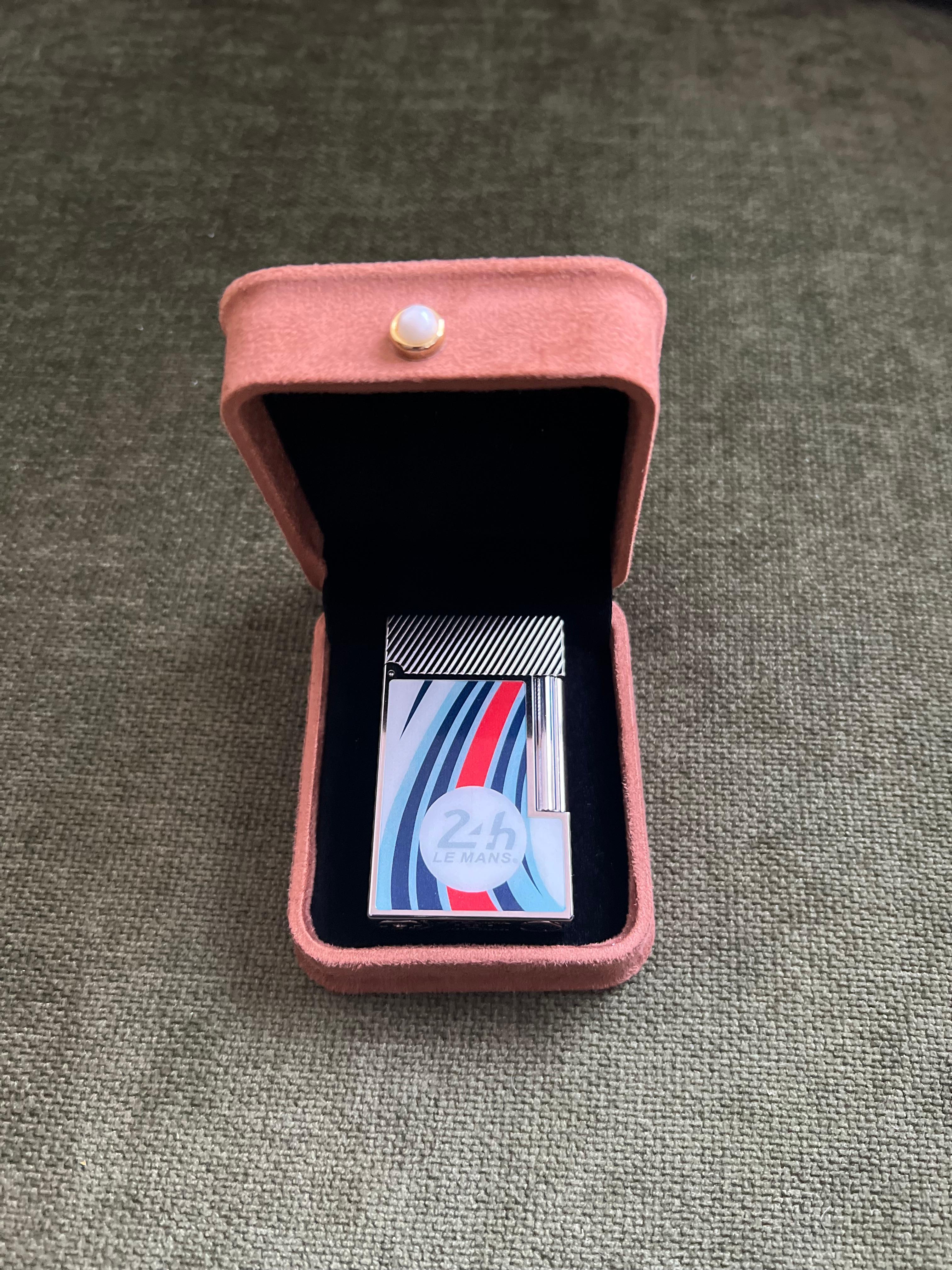 S.T. Dupont Ligne 2 Le Mans Blue and Chrome Flint Lighter, Chocolate Suede Case In Excellent Condition In New York, NY