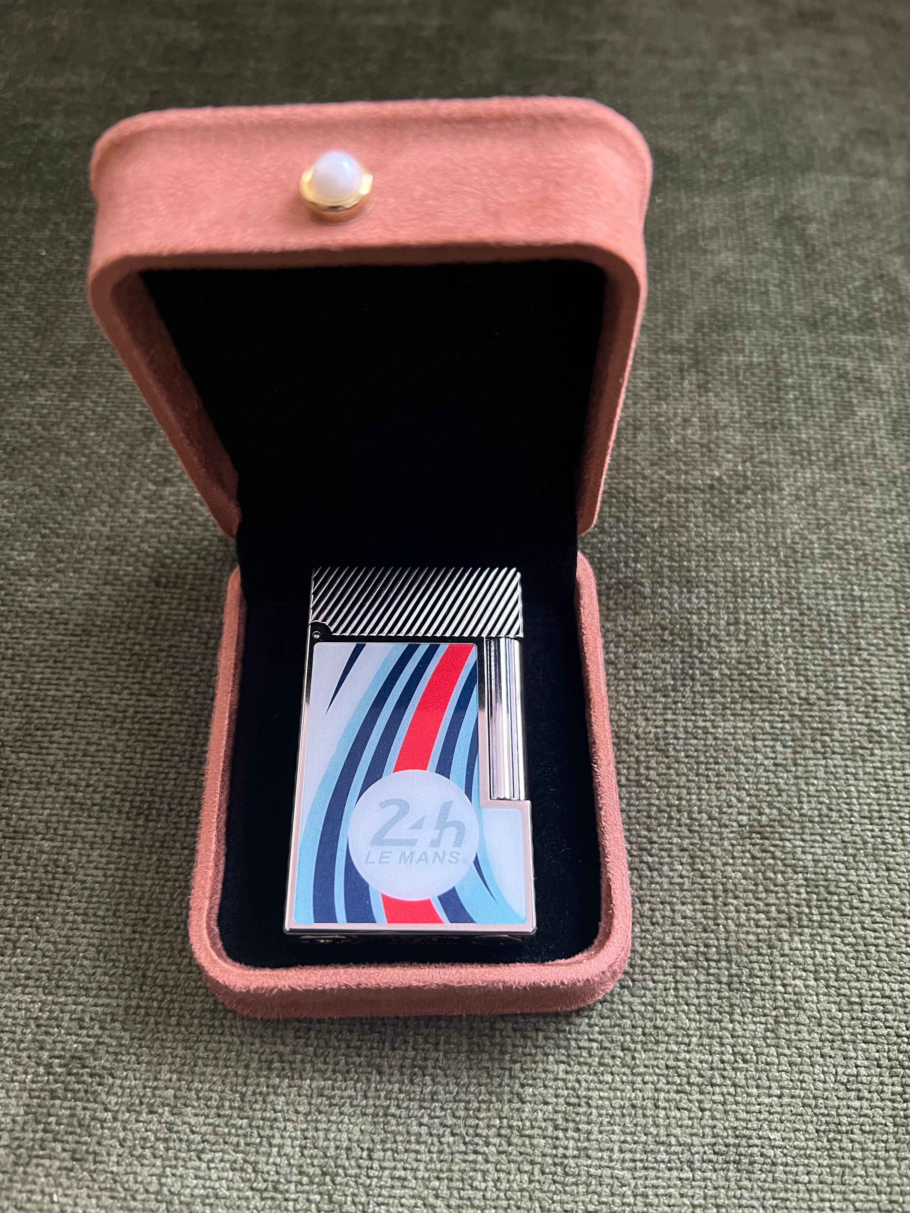 Women's or Men's S.T. Dupont Ligne 2 Le Mans Blue and Chrome Flint Lighter, Chocolate Suede Case