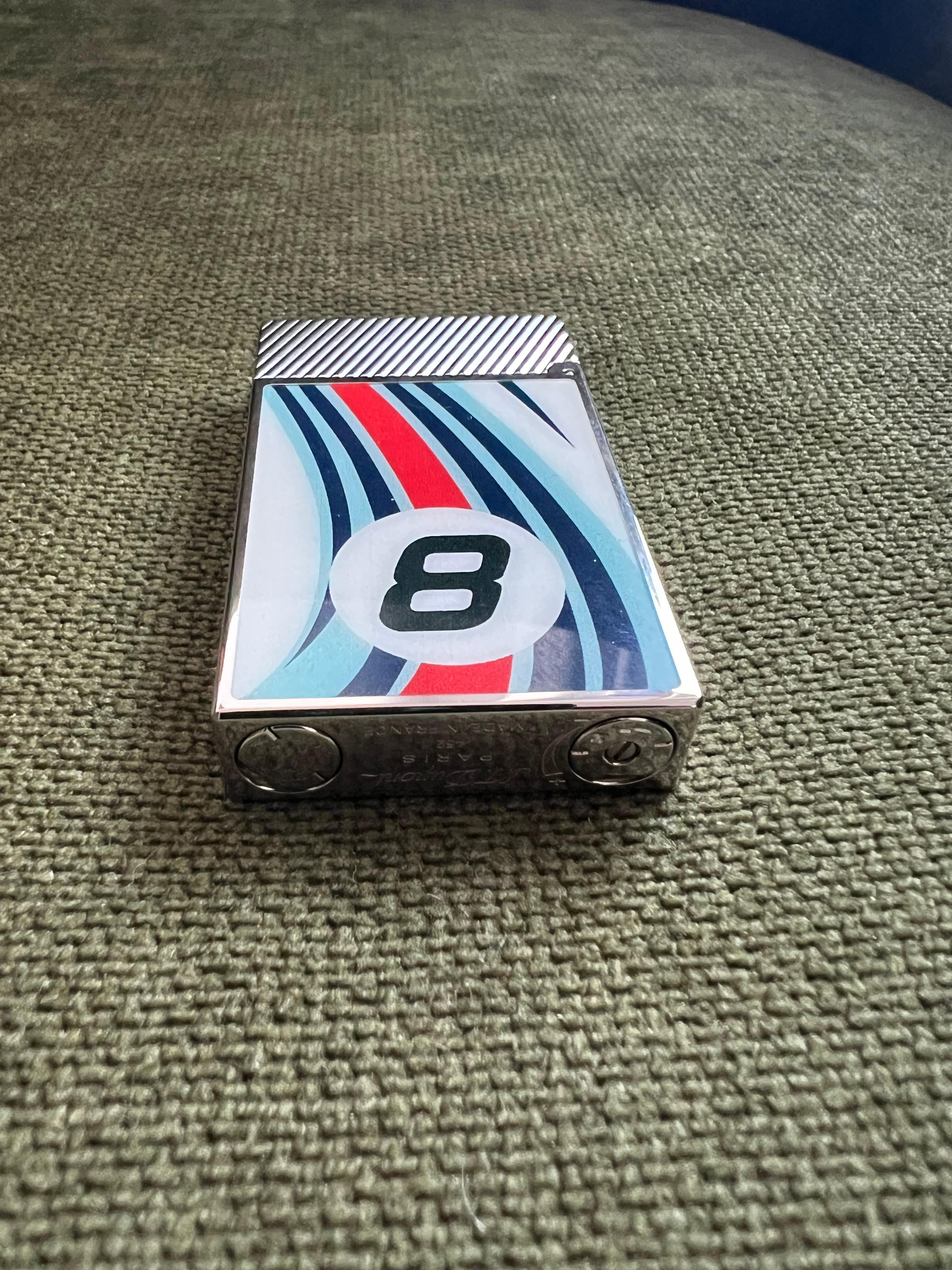 S.T. Dupont Ligne 2 Le Mans Blue and Chrome Flint Lighter, Chocolate Suede Case 1