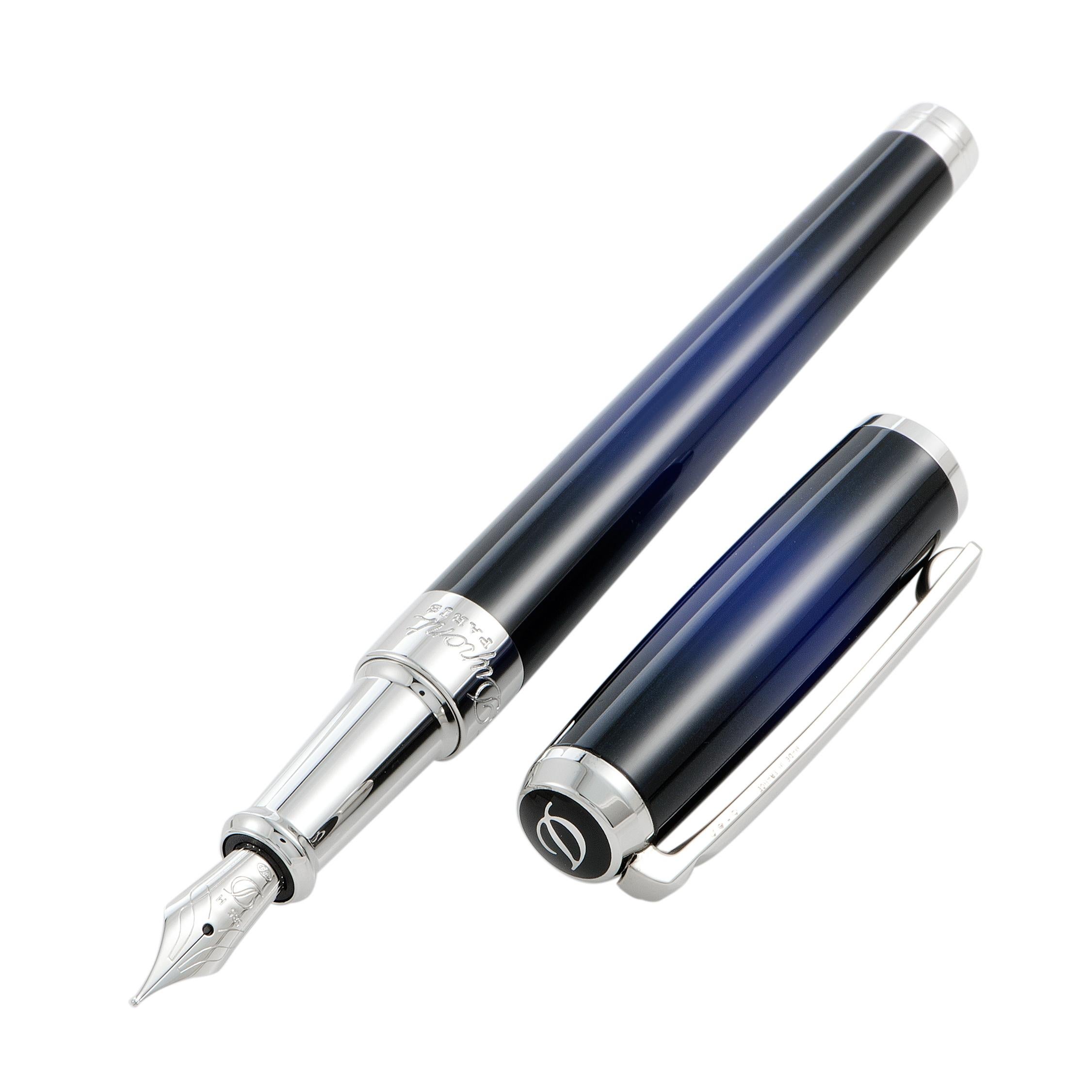 The intriguing allure of blue lacquer, combined with the elegant metallic sheen, gives an enticingly prestigious appeal to this exceptional fountain pen. The pen is beautifully designed by S.T. Dupont for the sublime “Line D” collection.