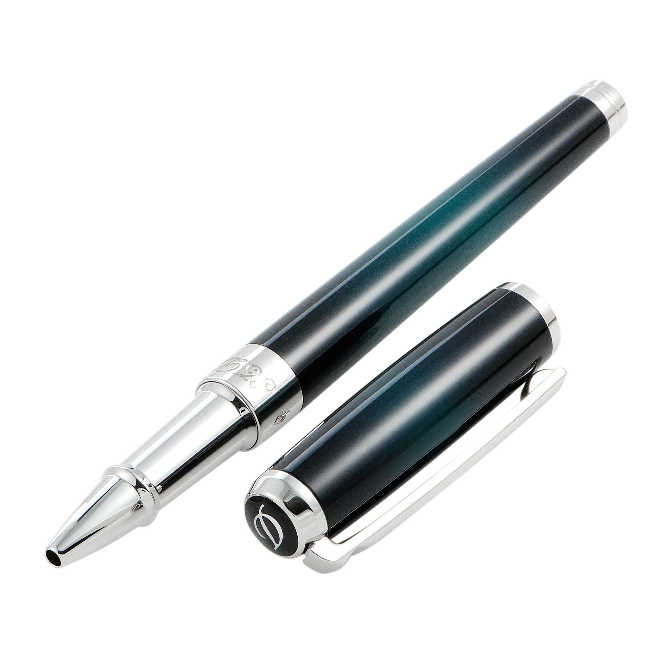 A fascinating item from S.T. Dupont’s “Line D”, this extraordinary rollerball pen boasts refined design and superb craftsmanship quality, offering an incredibly sophisticated look. The pen is presented in intriguing green with wonderful sunburst