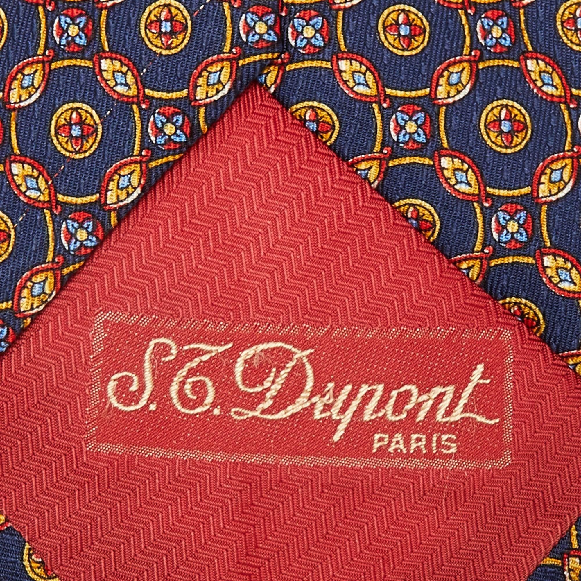 Black S.T. Dupont Navy Blue Printed Silk Traditional Tie For Sale