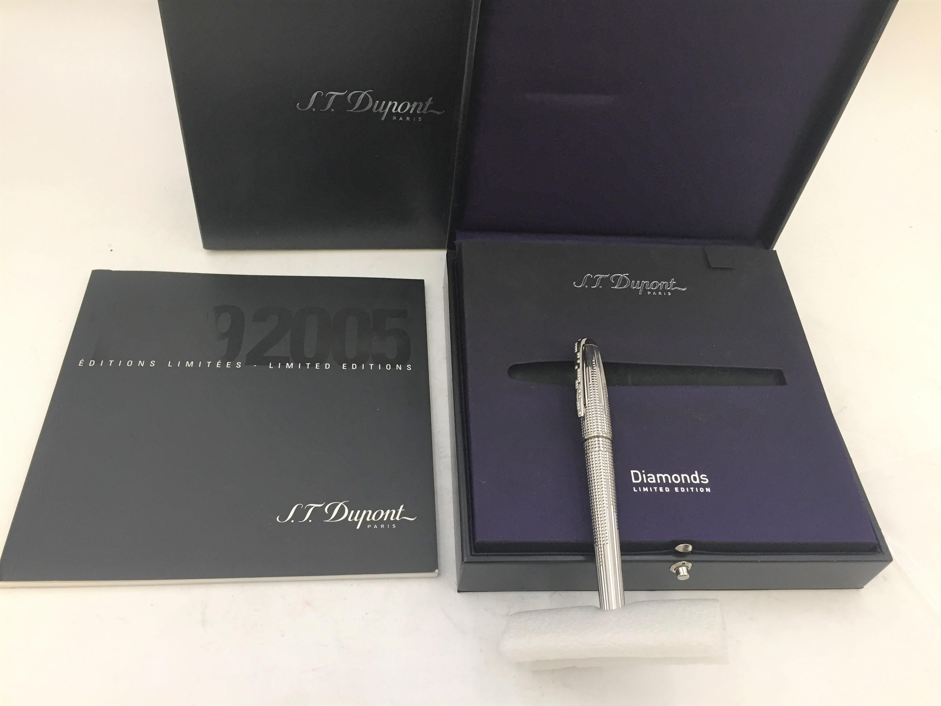 S.T. Dupont Olympio Diamond Drops limited edition fountain pen with platinum plated barrel and cap accented by 22 brilliant cut diamonds GVS 2 quality, approximately .26cts, 18k white gold nib. This pen comes from the Diamond Head pattern. Comes