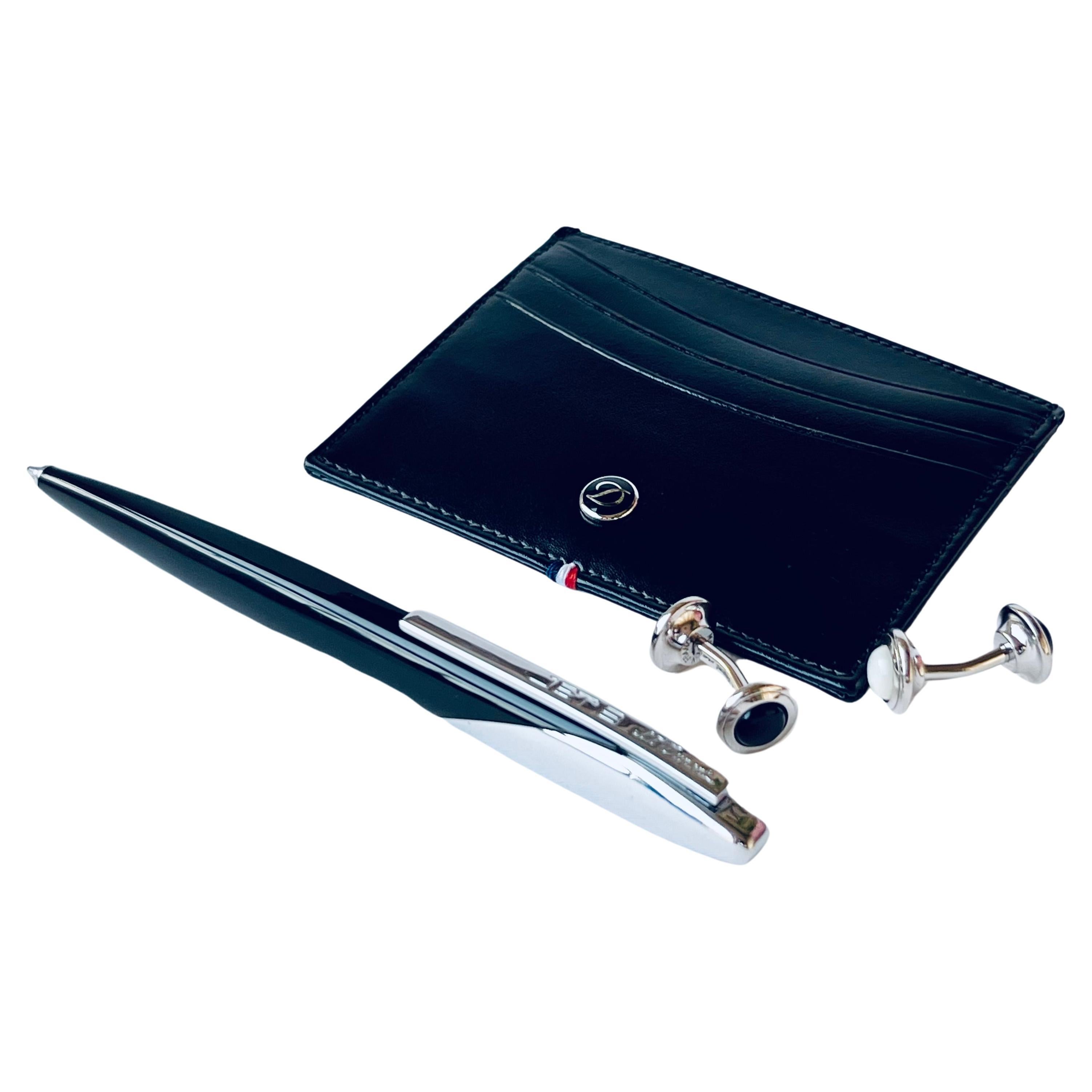 ST Dupont PALLADIUM BLACK Ballpoint And cufflinks & Wallet Cards Holder Set  In Good Condition For Sale In Toronto, CA