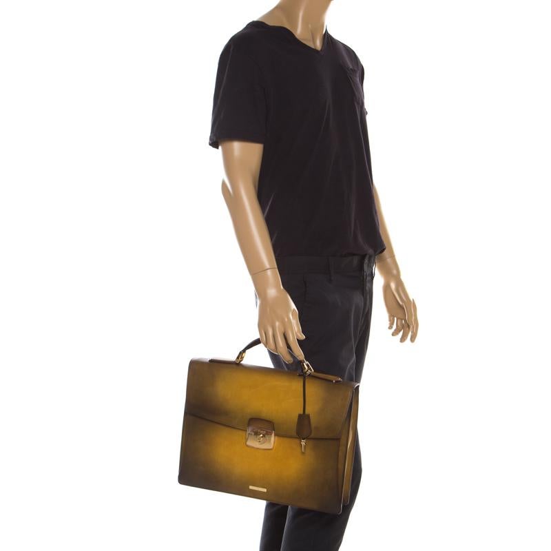 Brown S.T. Dupont Yellow/Black Ombre Leather Atelier Line D One Gusset Briefcase