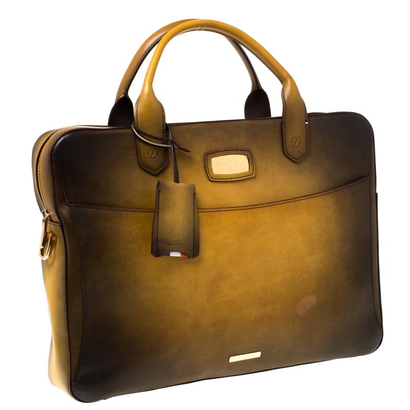 S.T. Dupont Yellow/Black Ombre Leather Atelier Line D One Gusset Briefcase In Excellent Condition In Dubai, Al Qouz 2