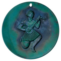 St Erik Art Deco Green Glazed Relief Wall Plate/Centerpiece, Sweden, circa 1930