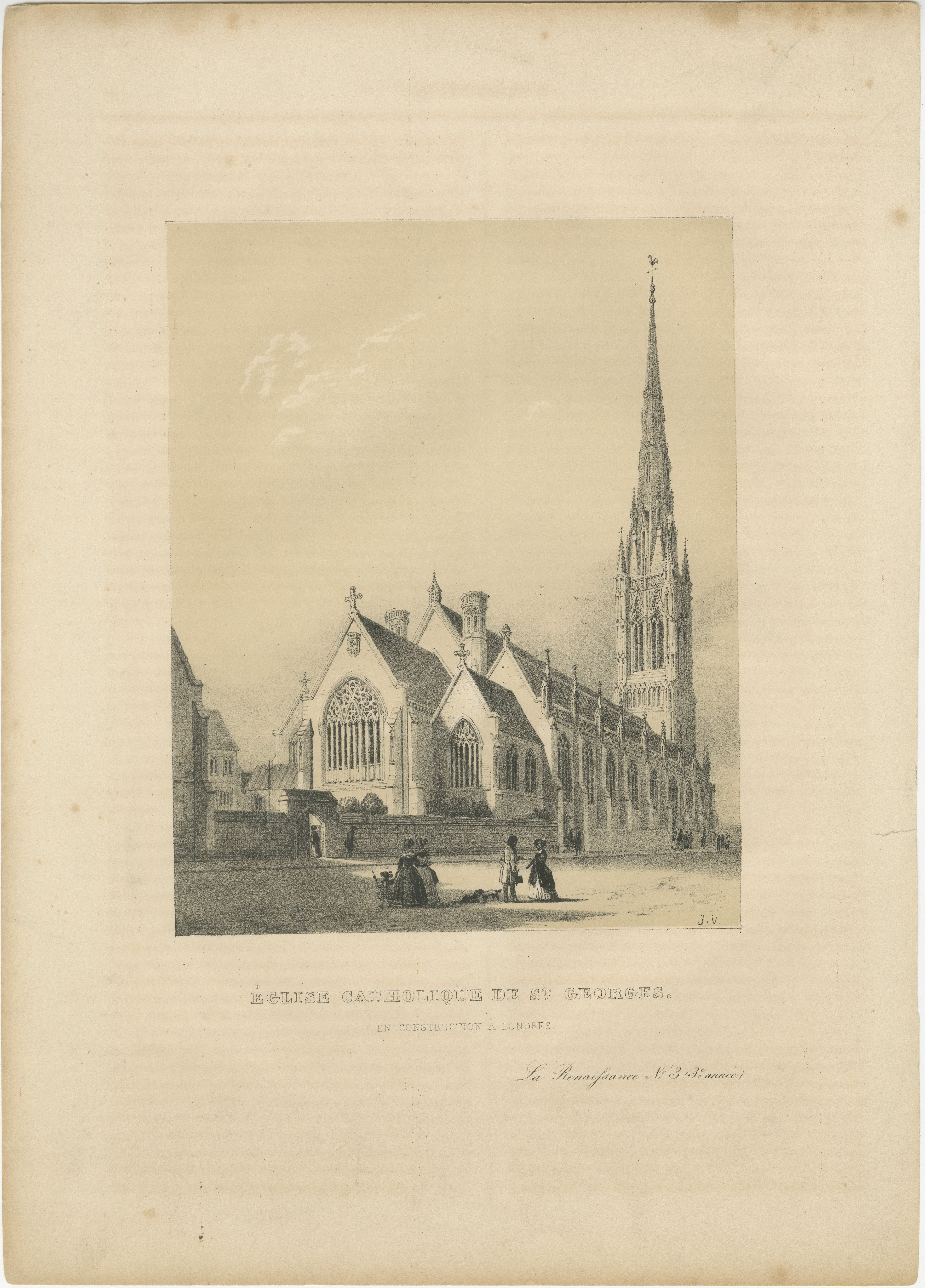 La lithographie représente l'église catholique de Saint-Georges, capturée pendant sa phase de construction à Londres. L'artiste est probablement Guillaume Van der Hecht, un graveur de renom dont l'œuvre comportait souvent des sujets architecturaux.