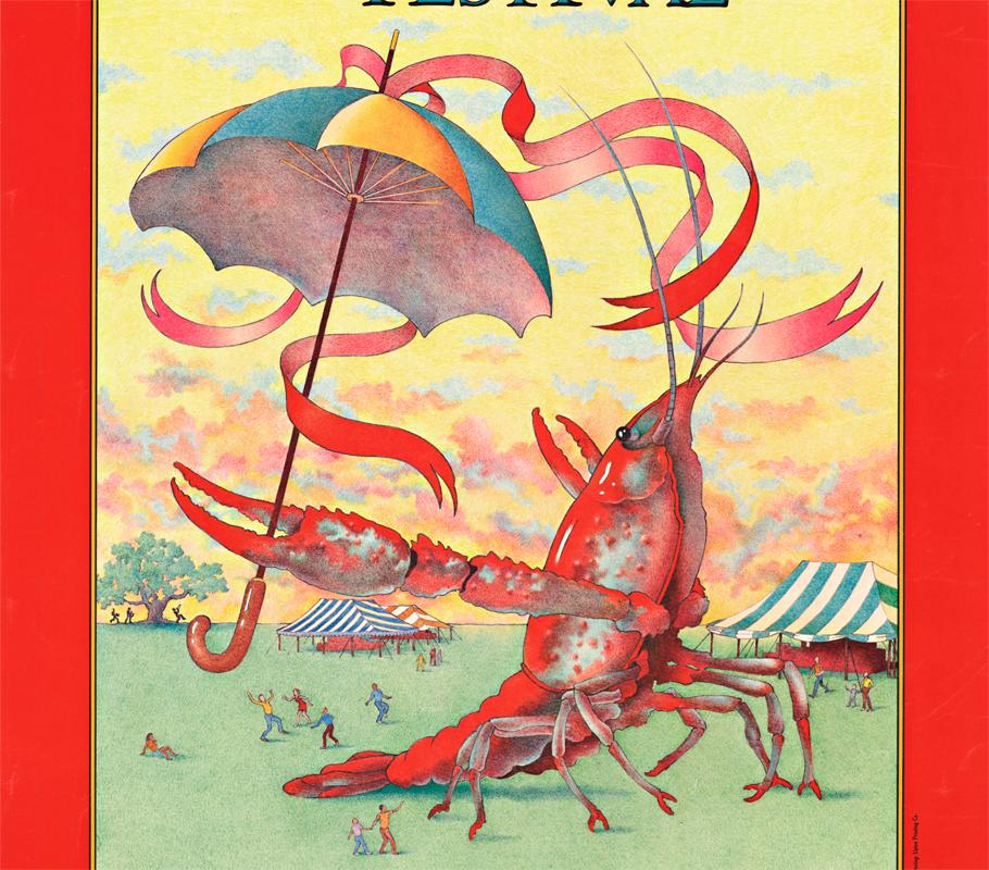 Original New Orleans Jazz & Heritage Festival Originalplakat von 1983.   Archivleinen in sehr gutem Zustand, rahmenfertig.   Ein lustiges Bild eines riesigen Flusskrebses am Strand, der einen bunten Schirm mit mehreren langen roten Luftschlangen