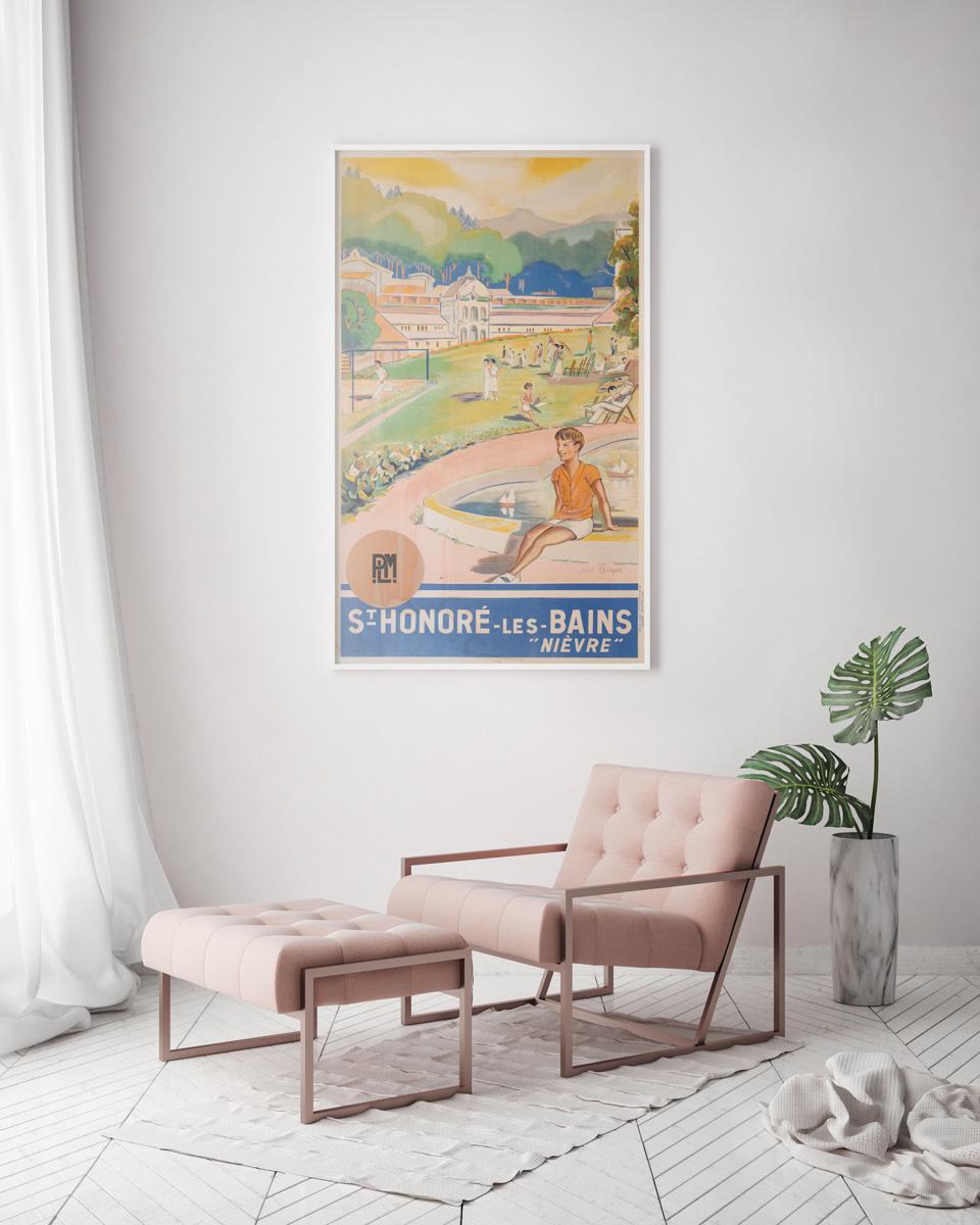 Ein schönes Design von Jean Boyer ziert dieses französische PLM-Eisenbahn-Werbeplakat von St. Honore Les Bains aus dem Jahr 1935. Ein unglaublich seltenes Plakat

Der Kurort Brides-les-Bains liegt in einem Tal mit drei Bergen in der Region Savoyen